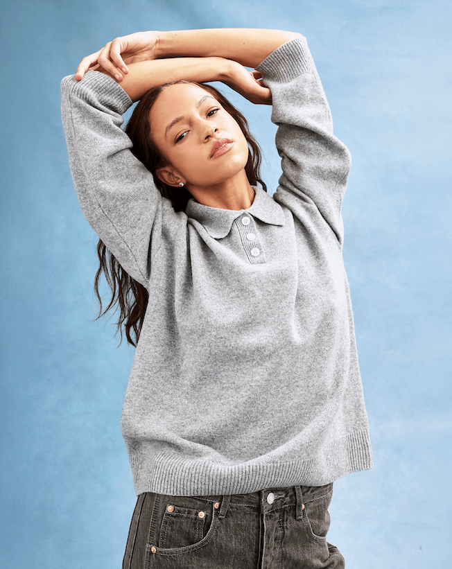girl wearing heather grey polo sweater -  heather grey