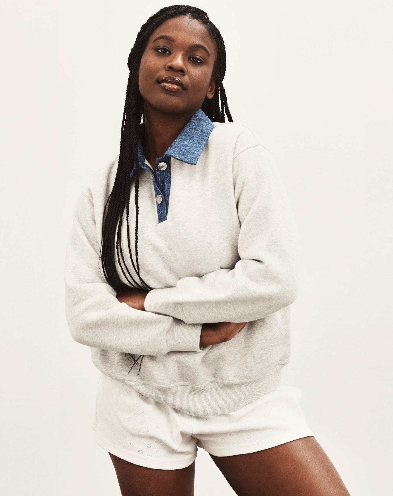 girl wearing denim collar sweat rugby -classic grey