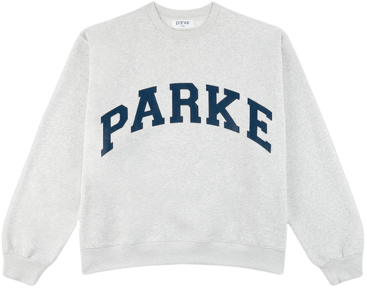 varsity crewneck sweatshirt flat lay -classic grey + navy