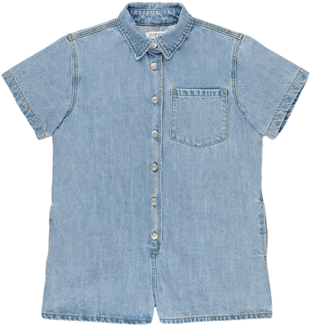 short sleeve denim romper flat lay -light wash