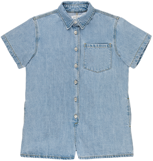 short sleeve denim romper flat lay -light wash