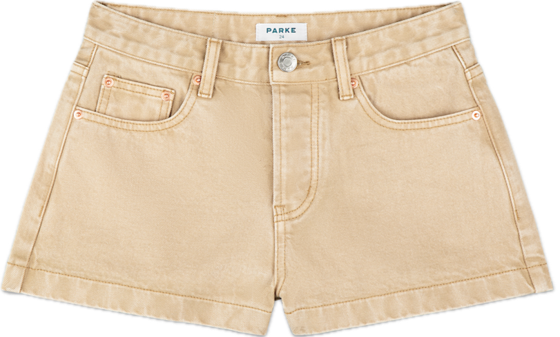 denim mini short flat lay -camel