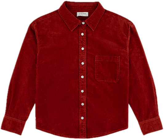 burgundy cord button up shirt flat lay - burgundy