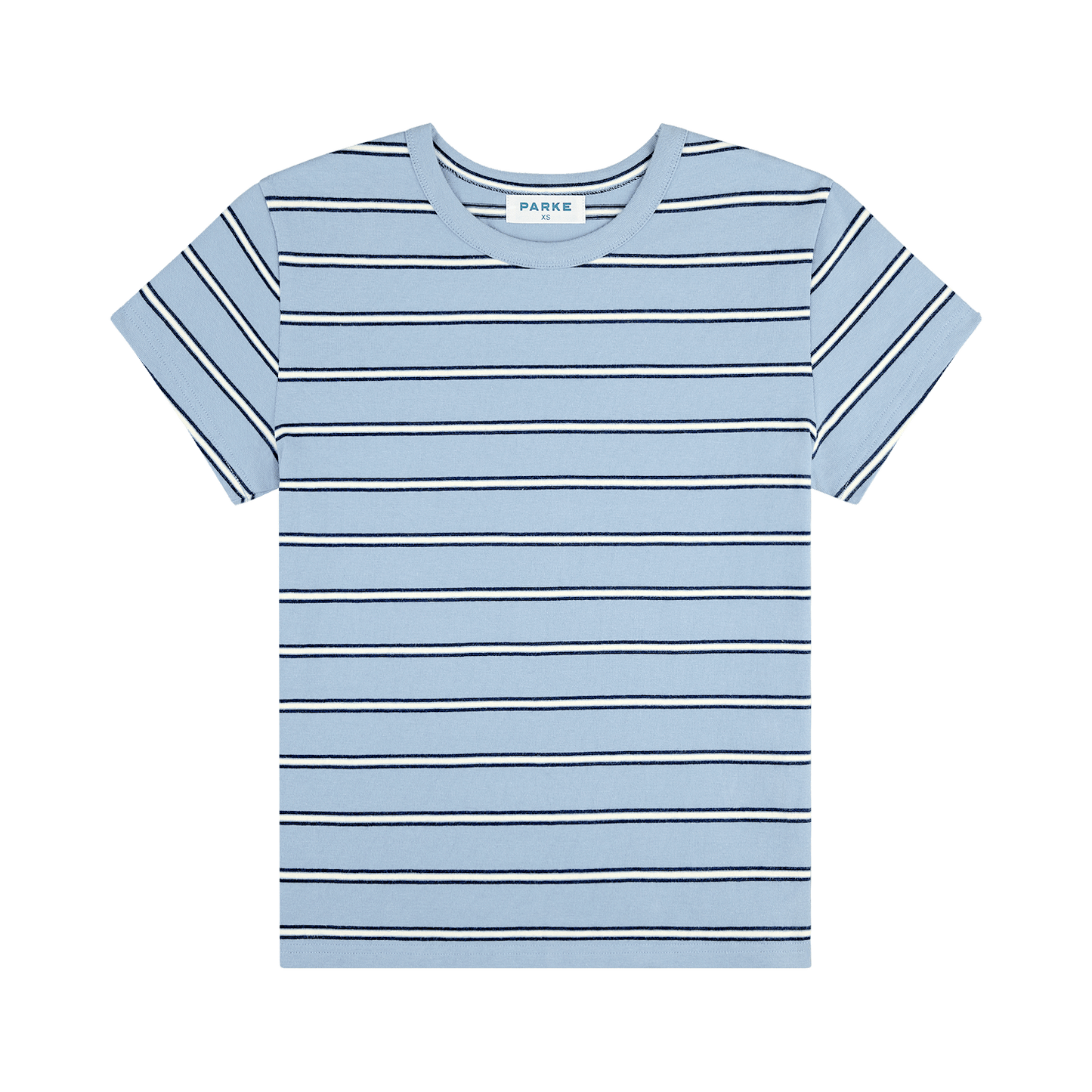 striped tee flat lay -sky stripe