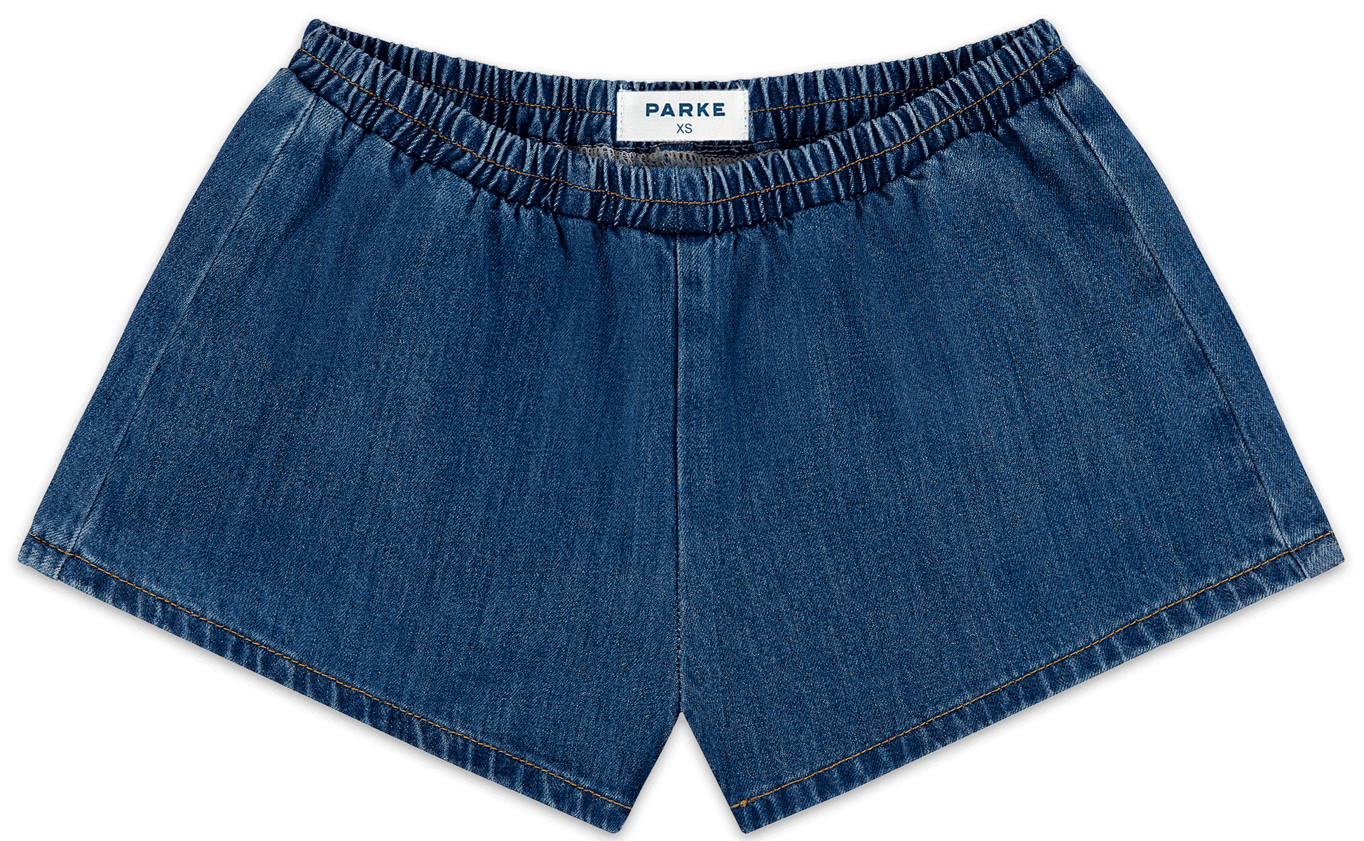 elastic denim short flat lay -medium wash