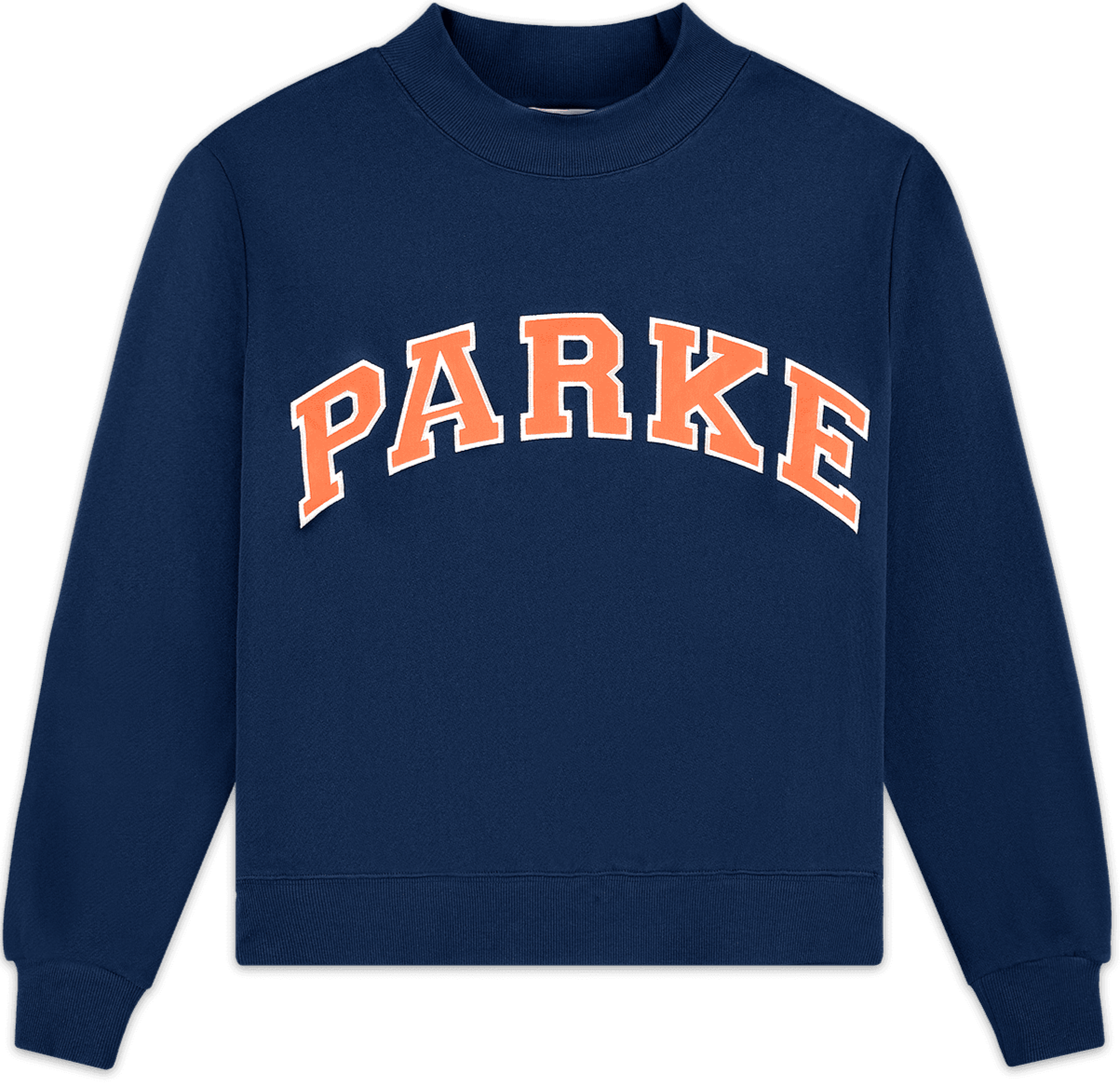 heritage varsity mockneck flat lay -denim + creamsicle