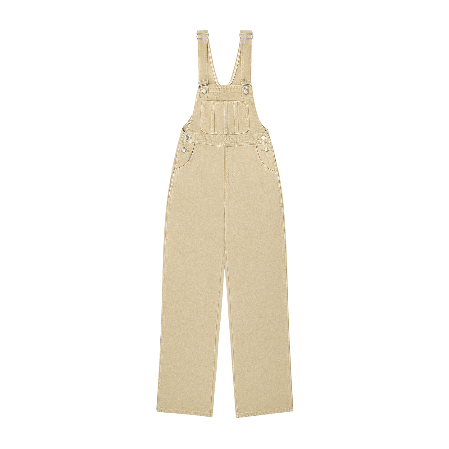denim overalls flat lay -camel
