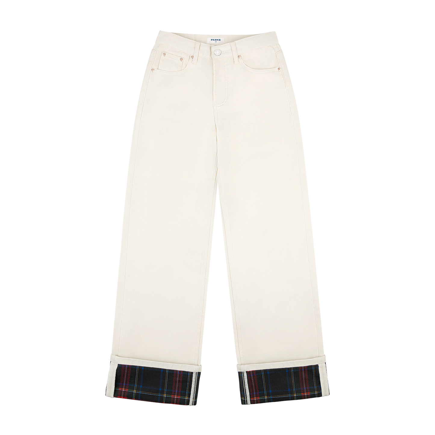 foldover jean -cream + plaid