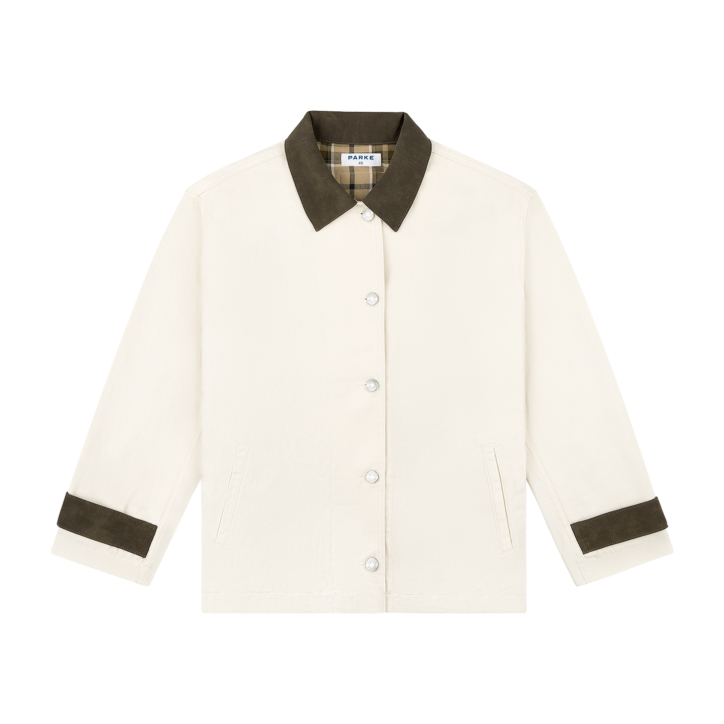 denim barn jacket -cream + brown suede collar