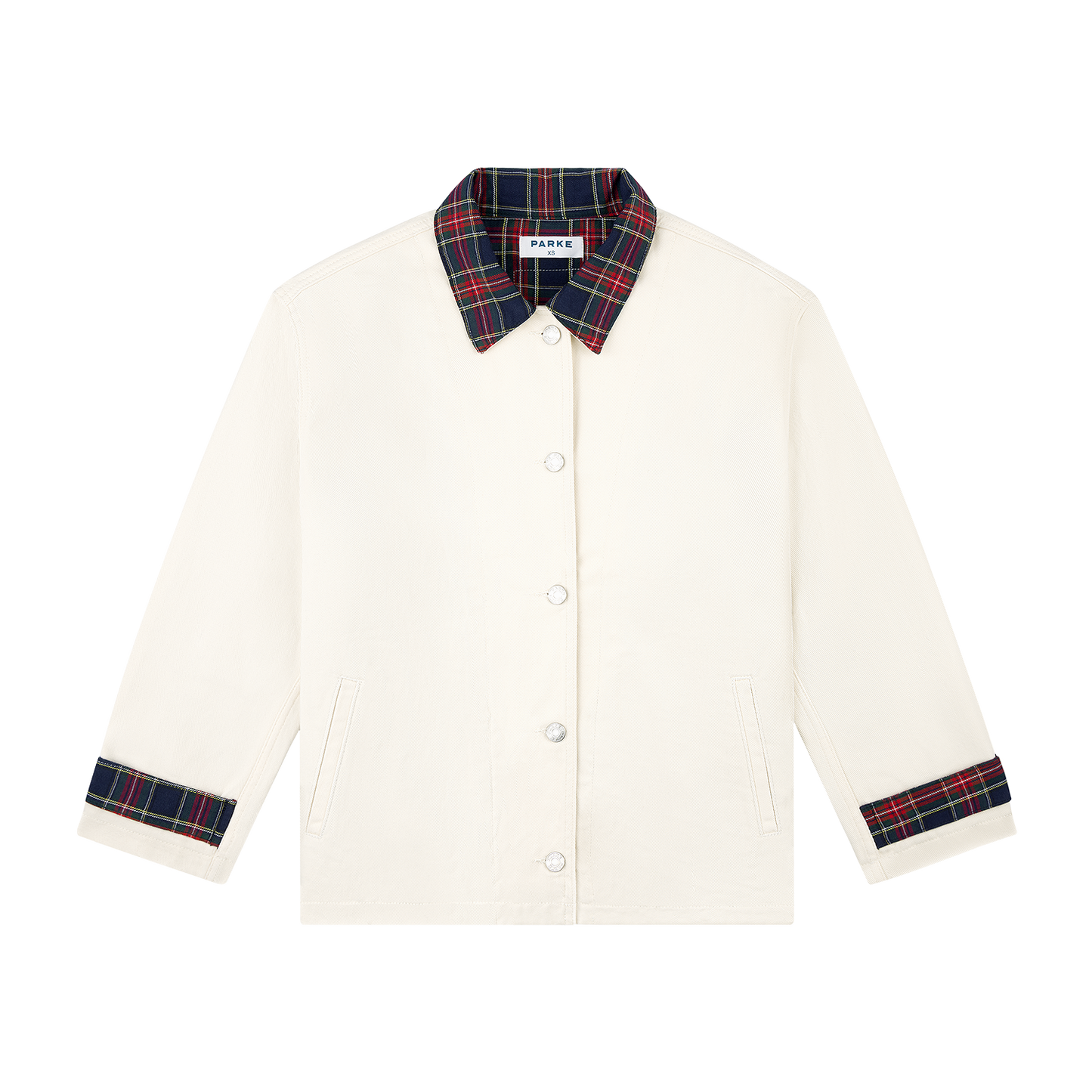 denim barn jacket -cream + plaid collar