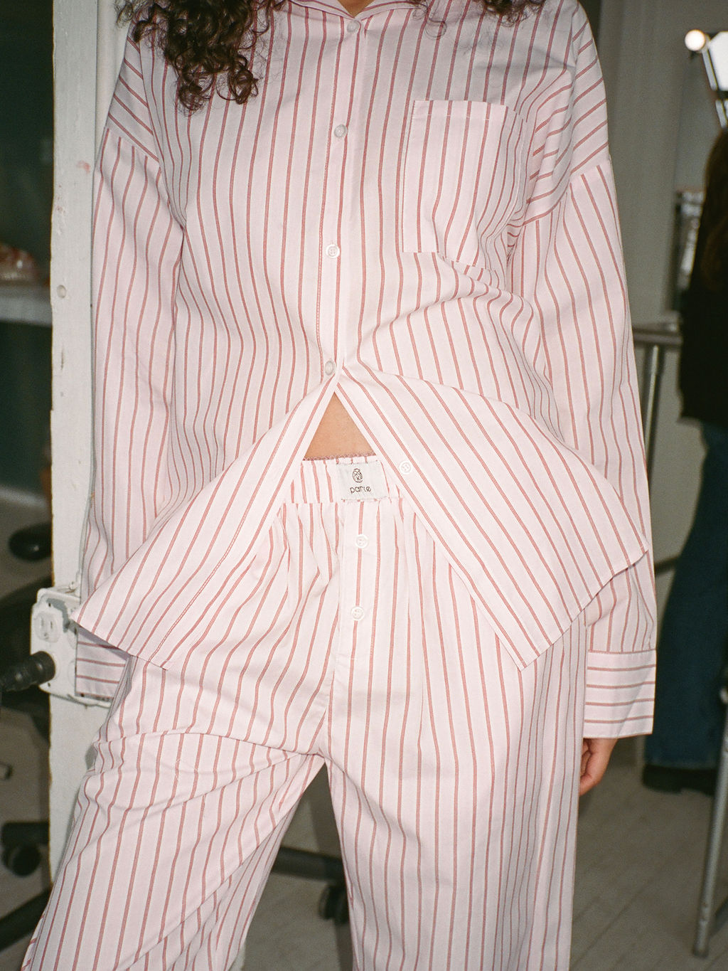 girl wearing light pink stripe frill boxer pant- light pink stripe