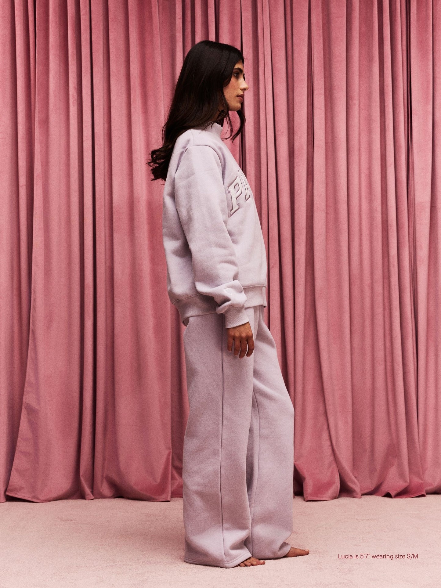 girl wearing Valentine's Varsity Mockneck -lavender + white