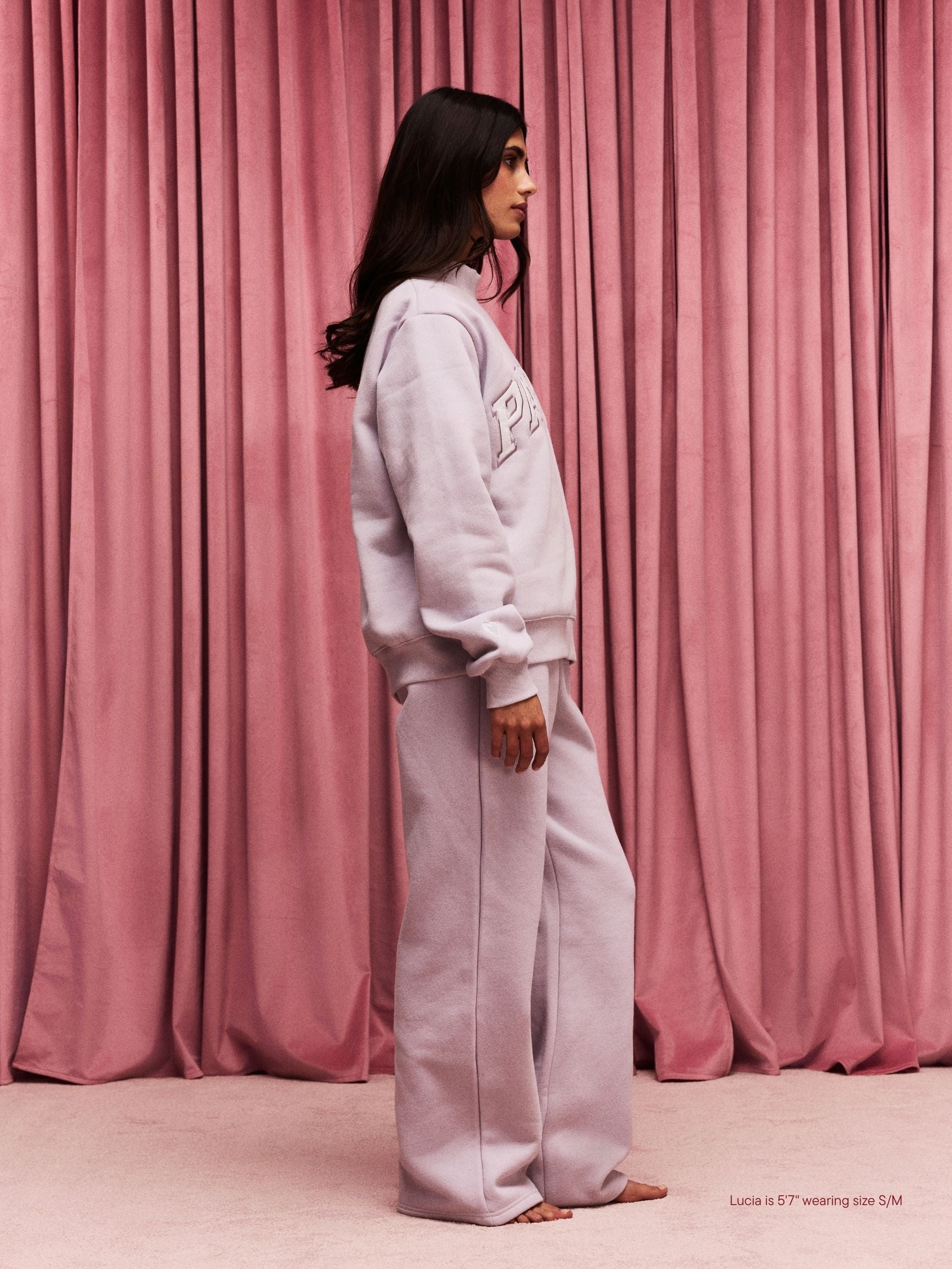 girl wearing Valentine's Varsity Mockneck -lavender + white