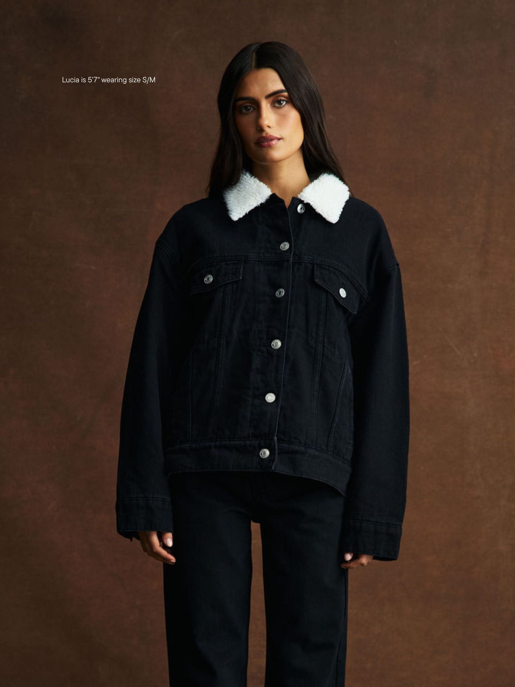 girl wearing Oversized Sherpa Lined Denim Jacket -black