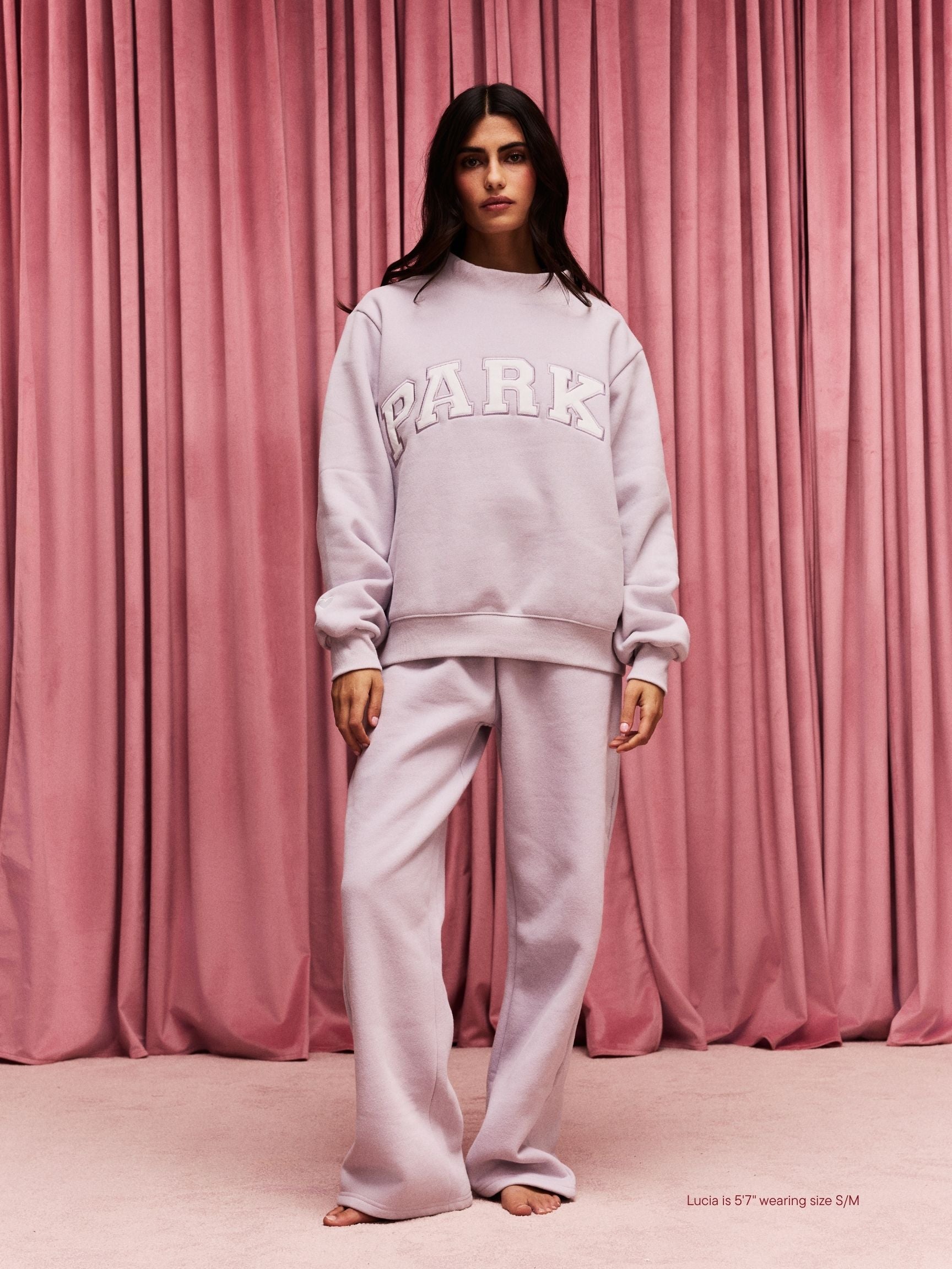 girl wearing Valentine's Varsity Mockneck -lavender + white