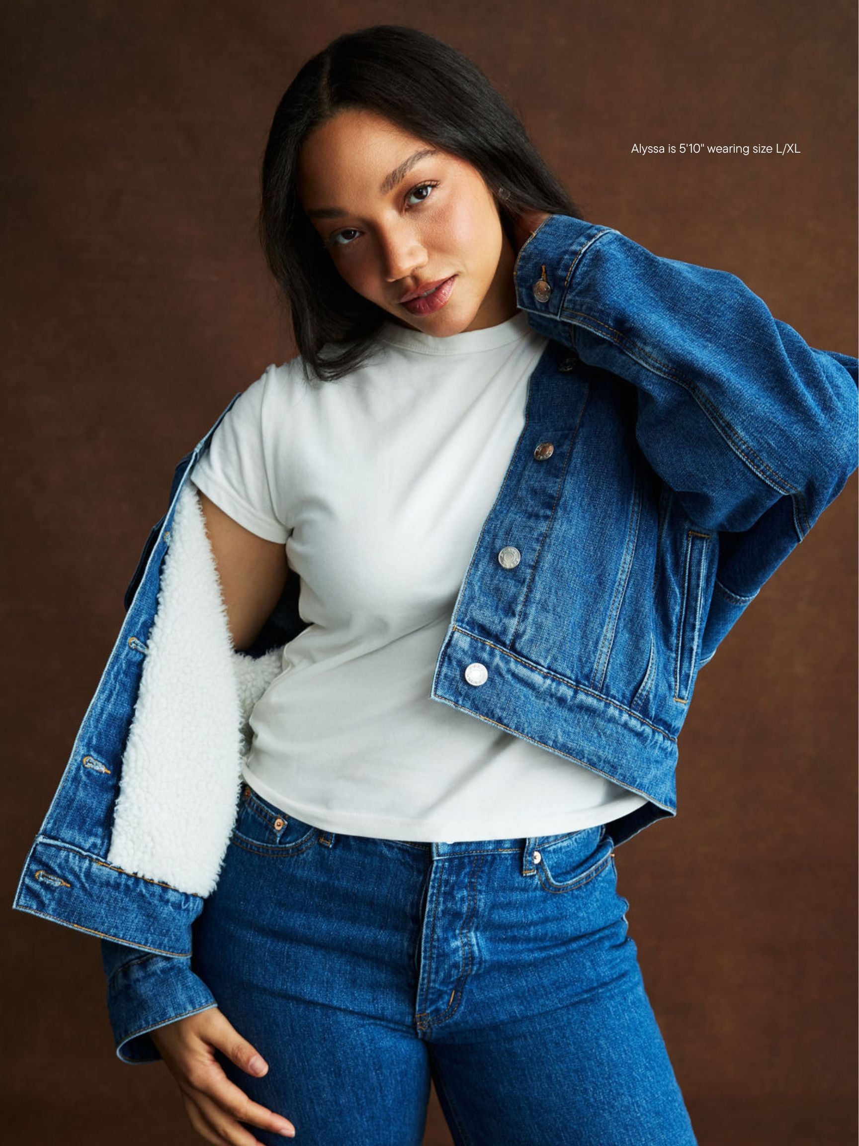 girl wearing Oversized Sherpa Lined Denim Jacket -medium wash