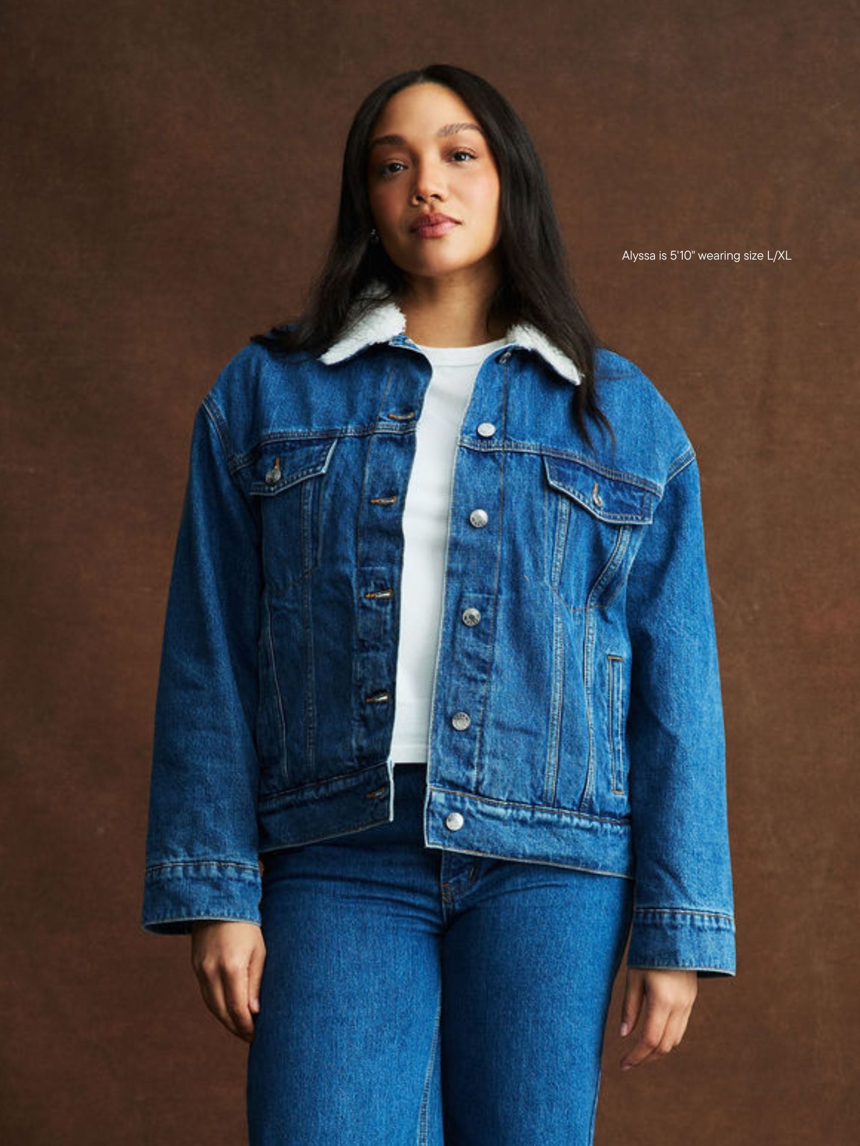 girl wearing Oversized Sherpa Lined Denim Jacket -medium wash