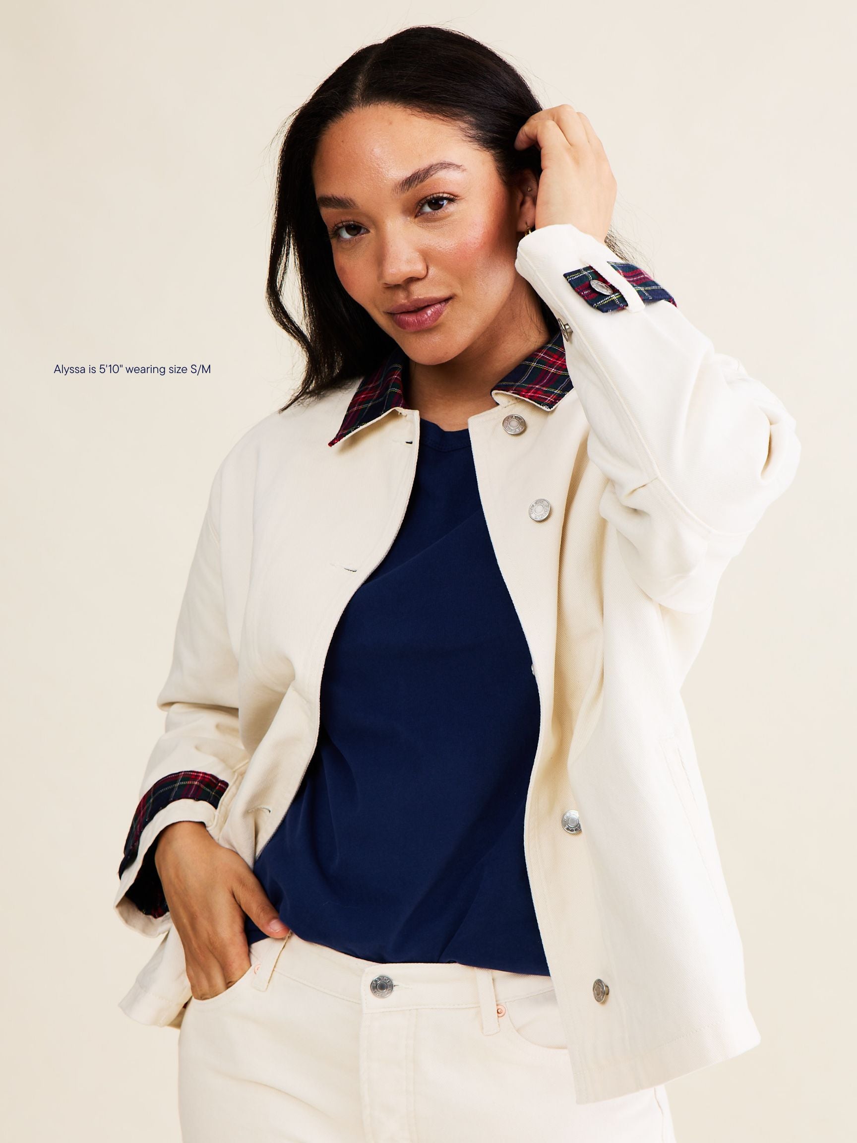 denim barn jacket -cream + plaid collar