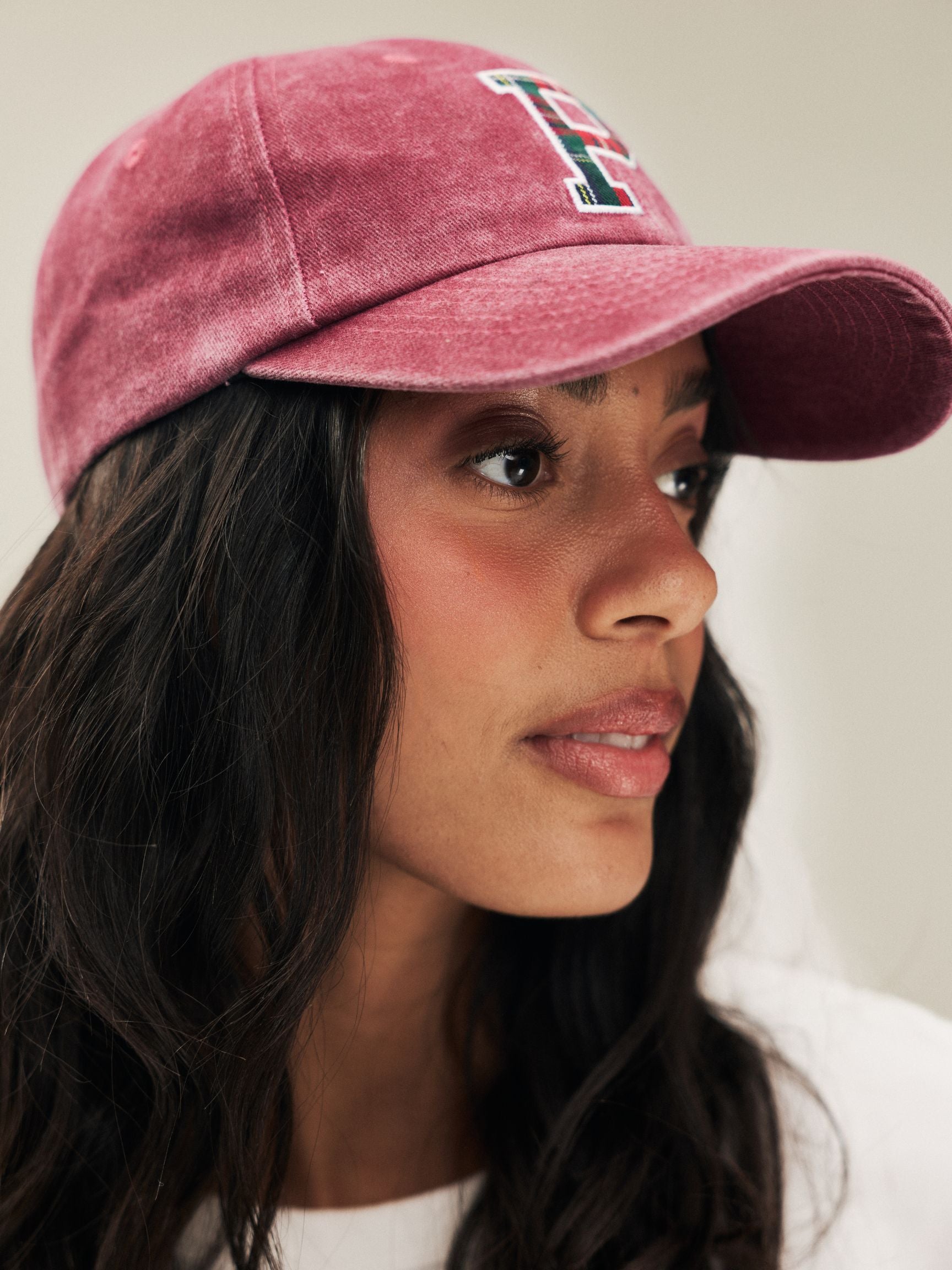 girl wearing Holiday P Hat -washed maroon + plaid p