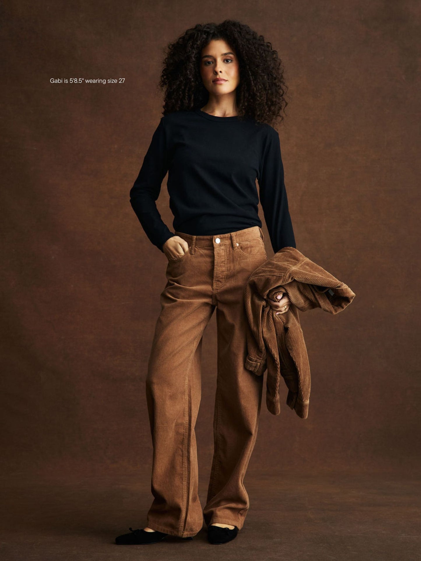 girl wearing Classic Straight Pants -caramel corduroy