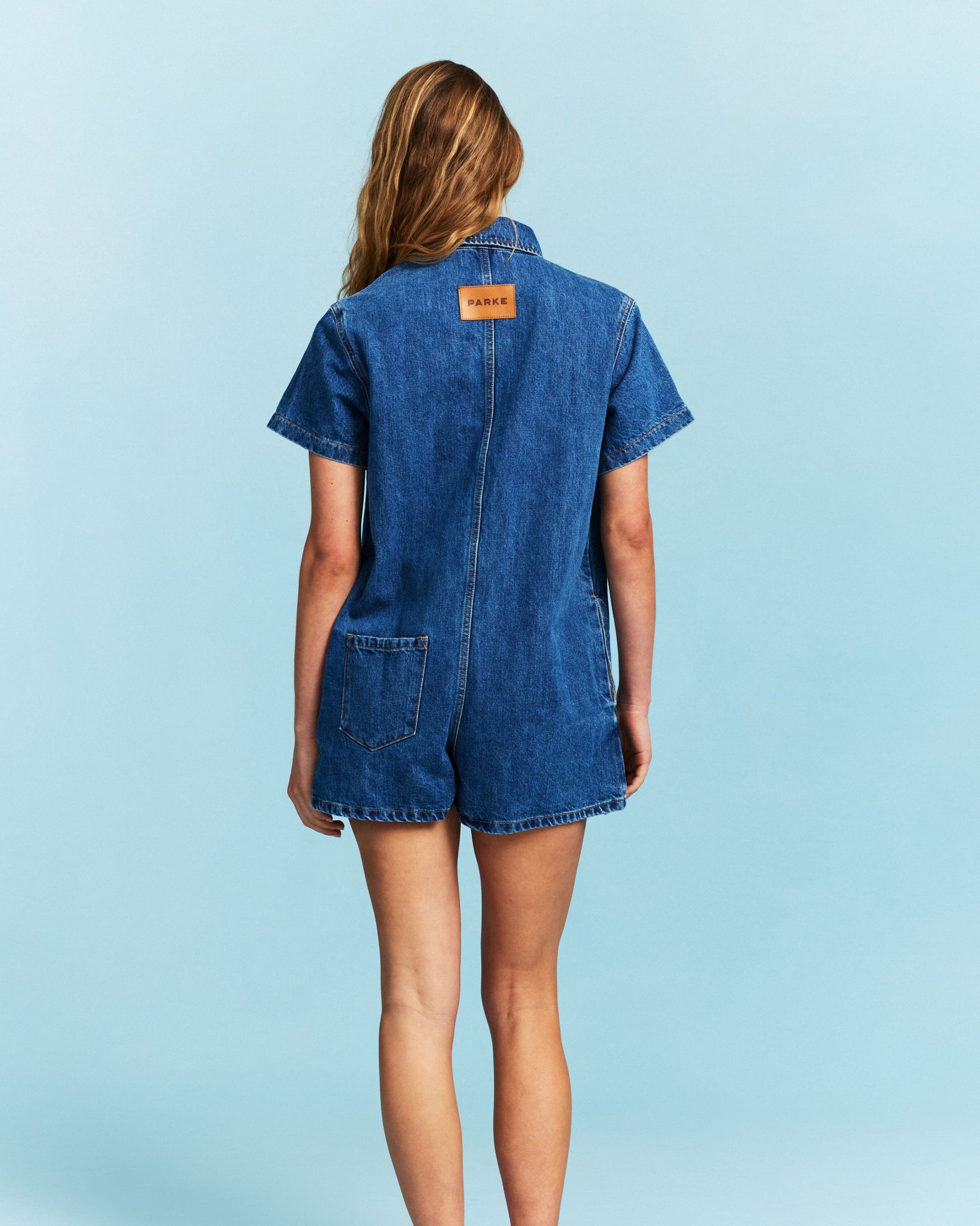 Short Sleeve Denim Romper - Medium Wash