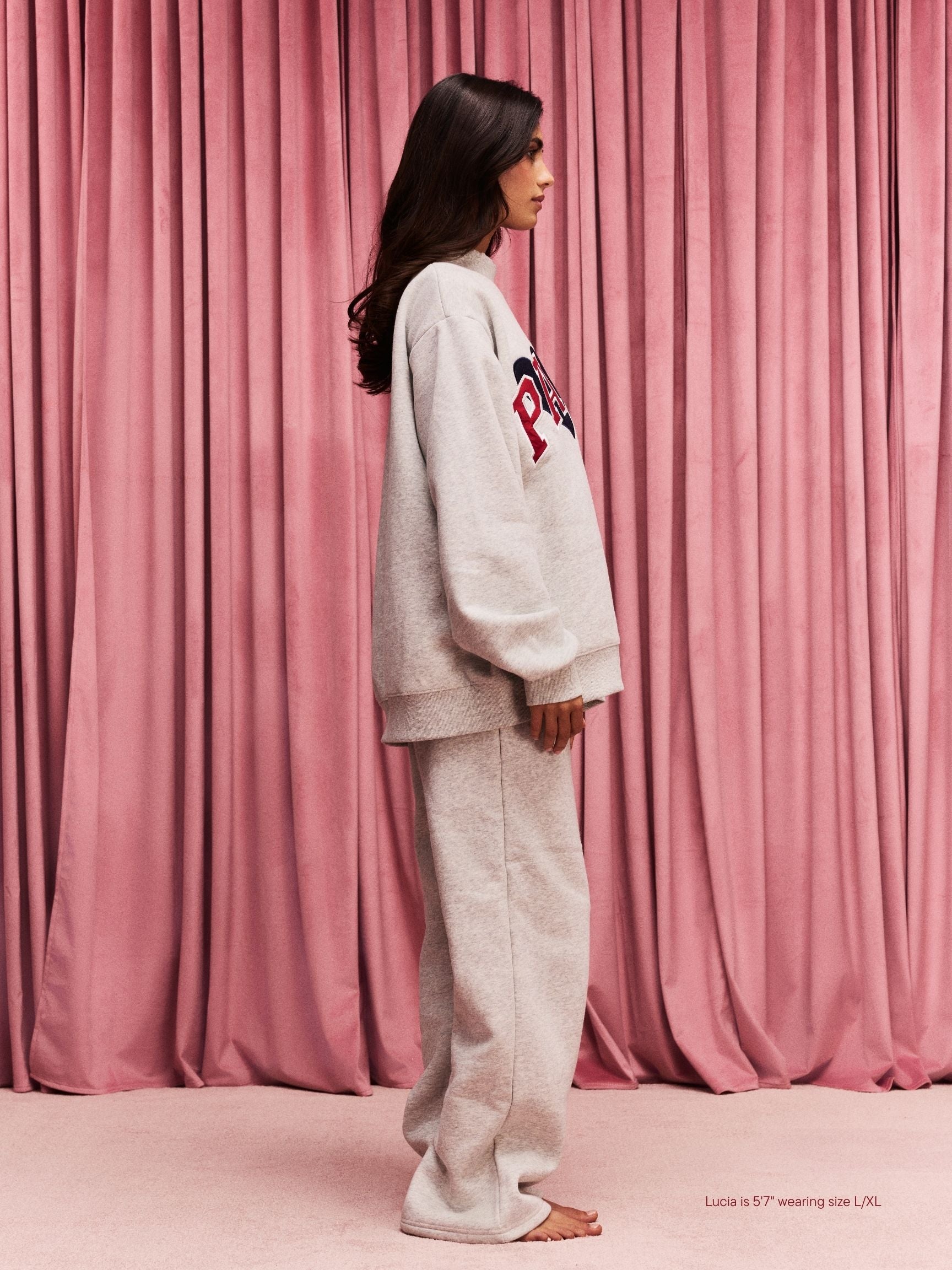 girl wearing Jean Heart Varsity Mockneck -classic grey