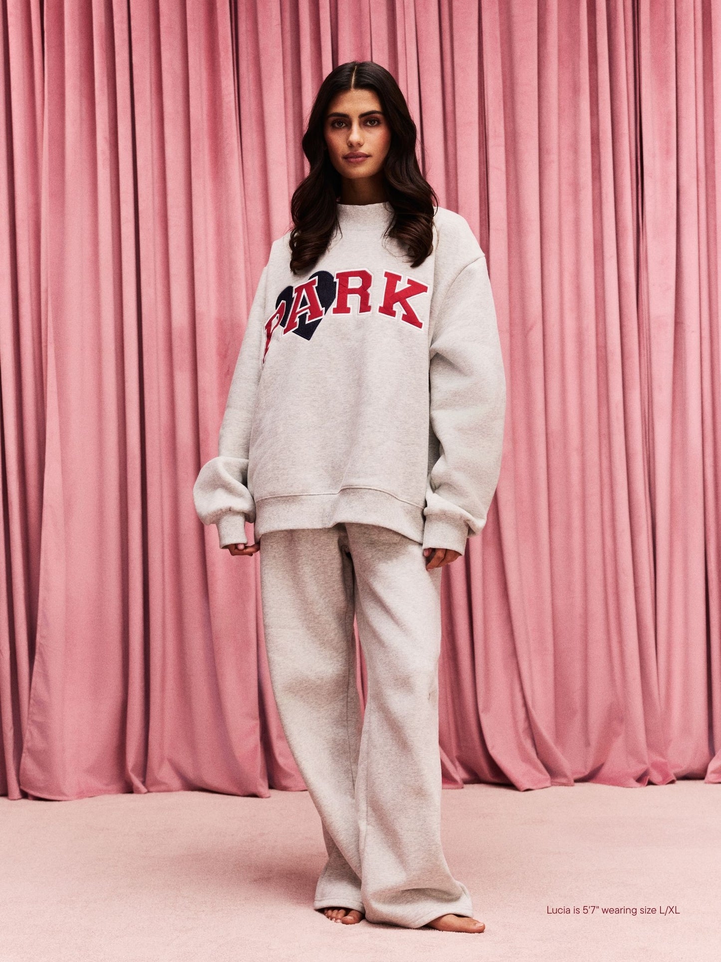 girl wearing Jean Heart Varsity Mockneck -classic grey