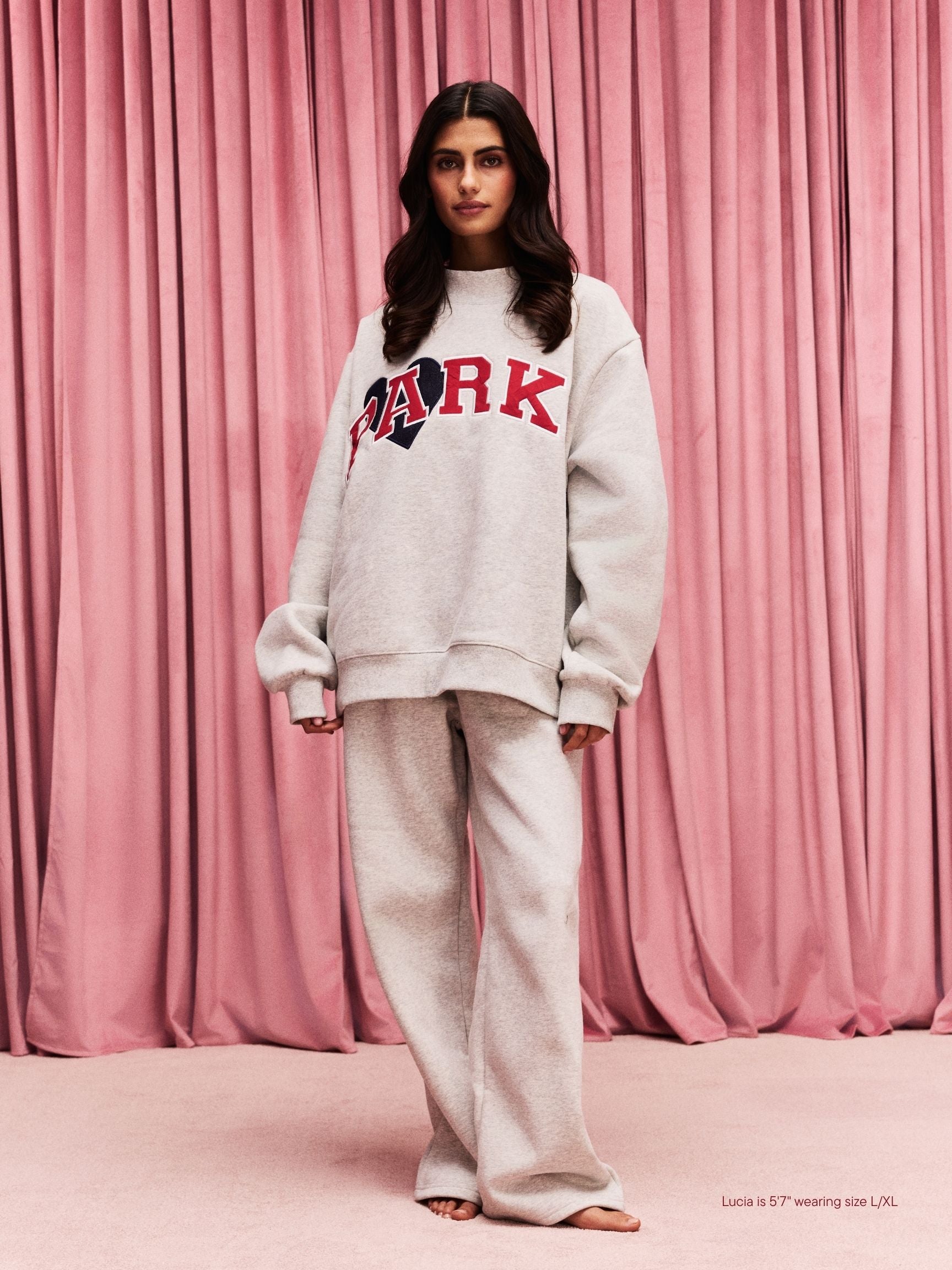 girl wearing Jean Heart Varsity Mockneck -classic grey