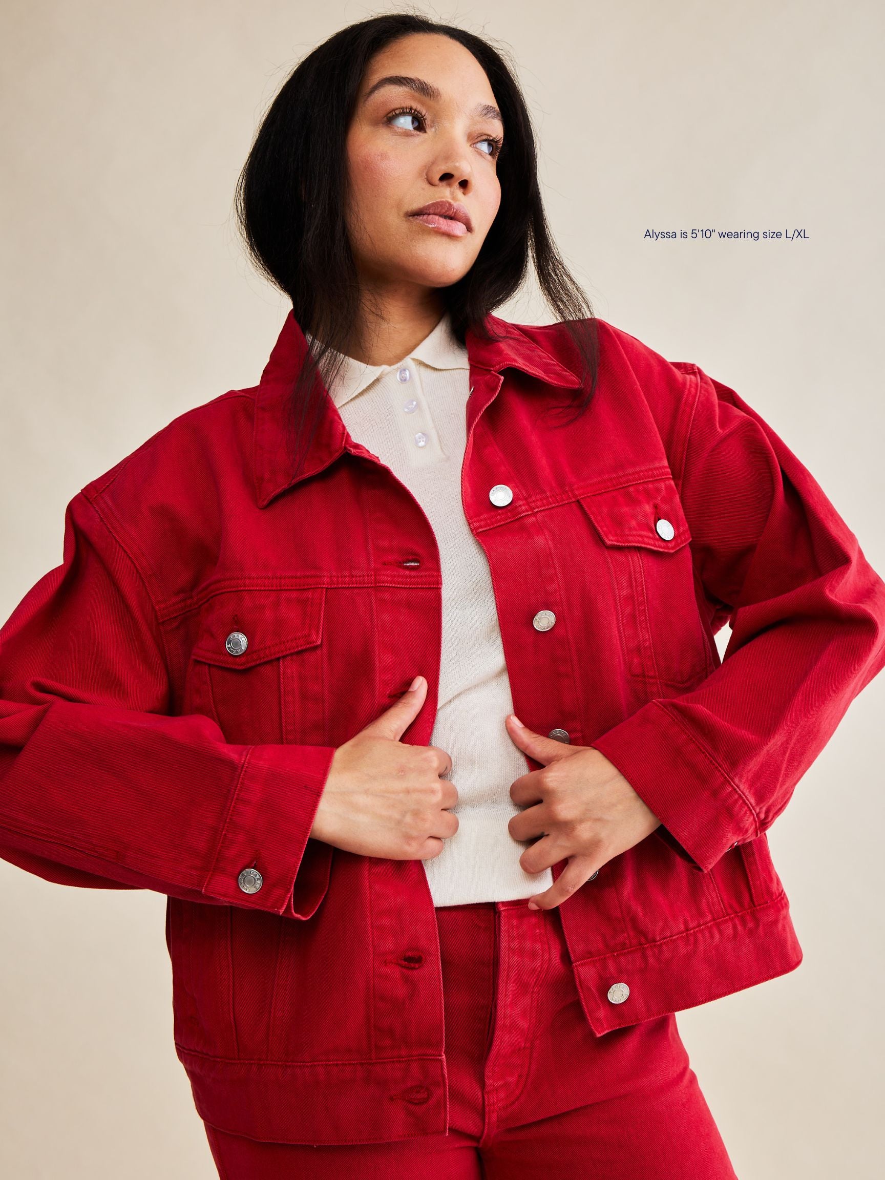 vintage wash girl wearing oversized denim jacket -washed red 