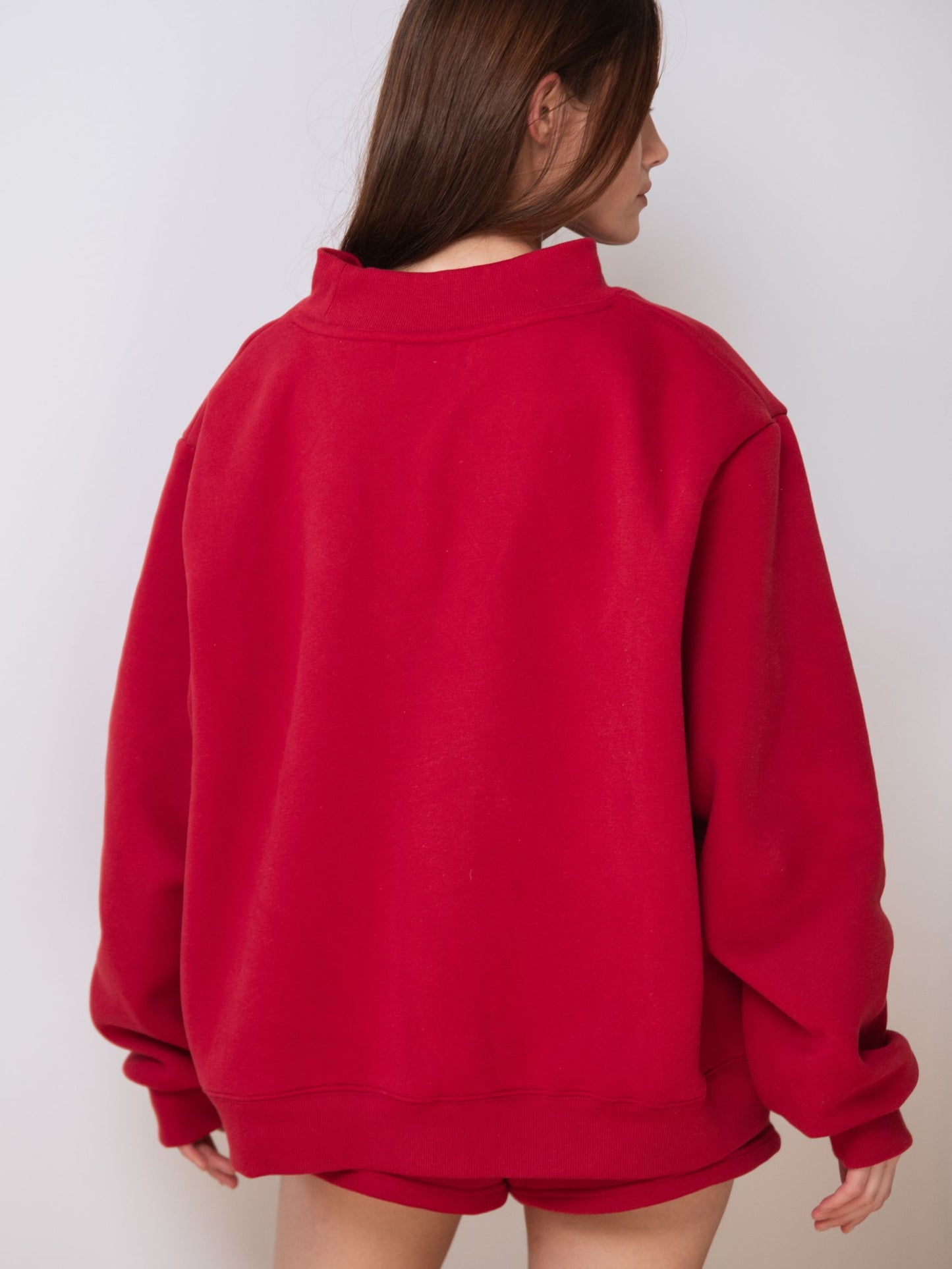 girl wearing Brunch Mockneck -red