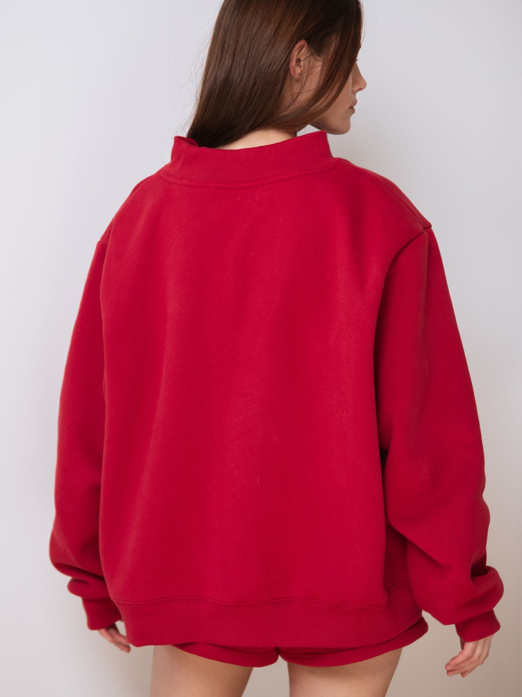 girl wearing Brunch Mockneck -red