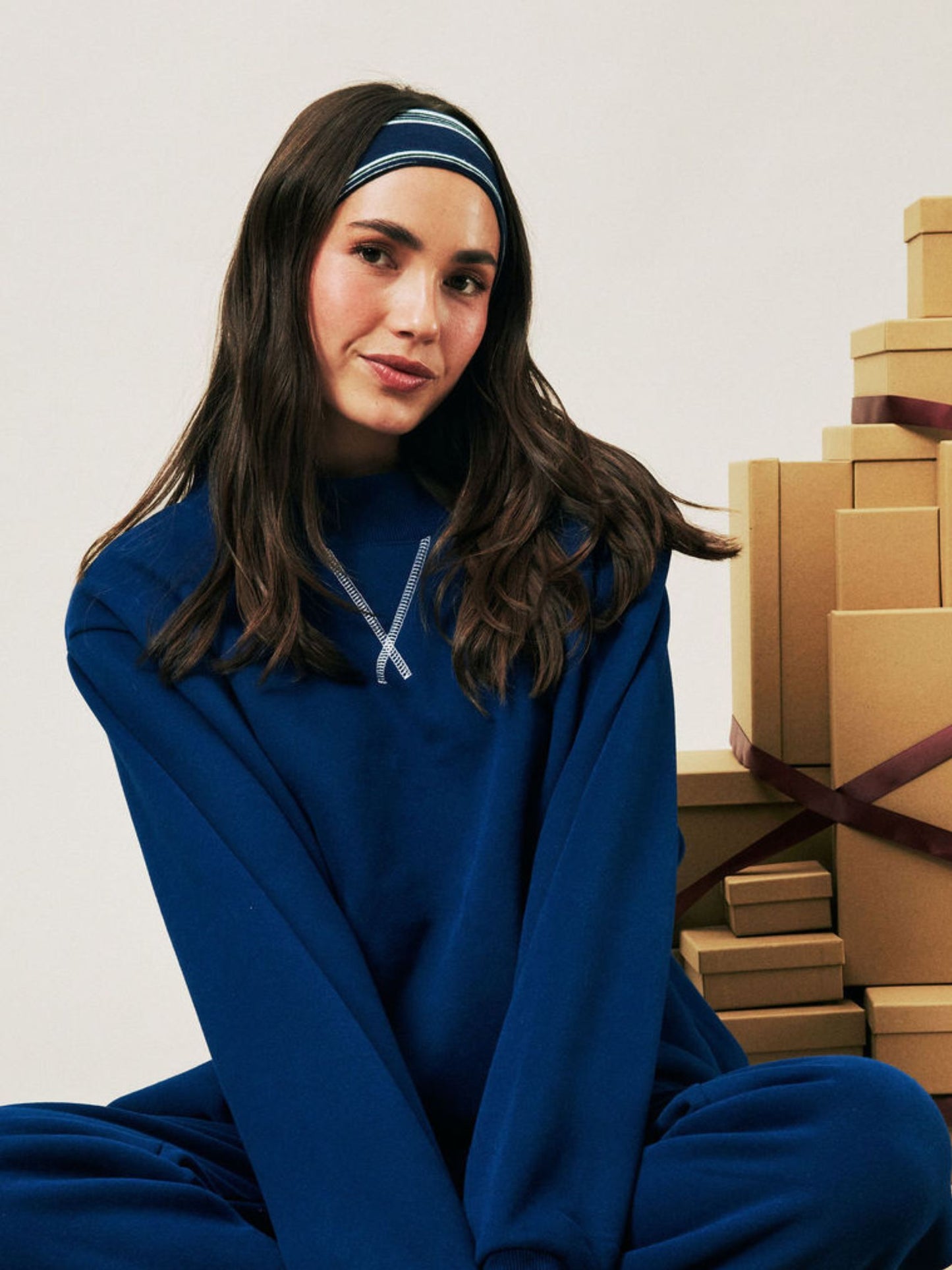 girl wearing Holiday Hair Set -snowflake stripe