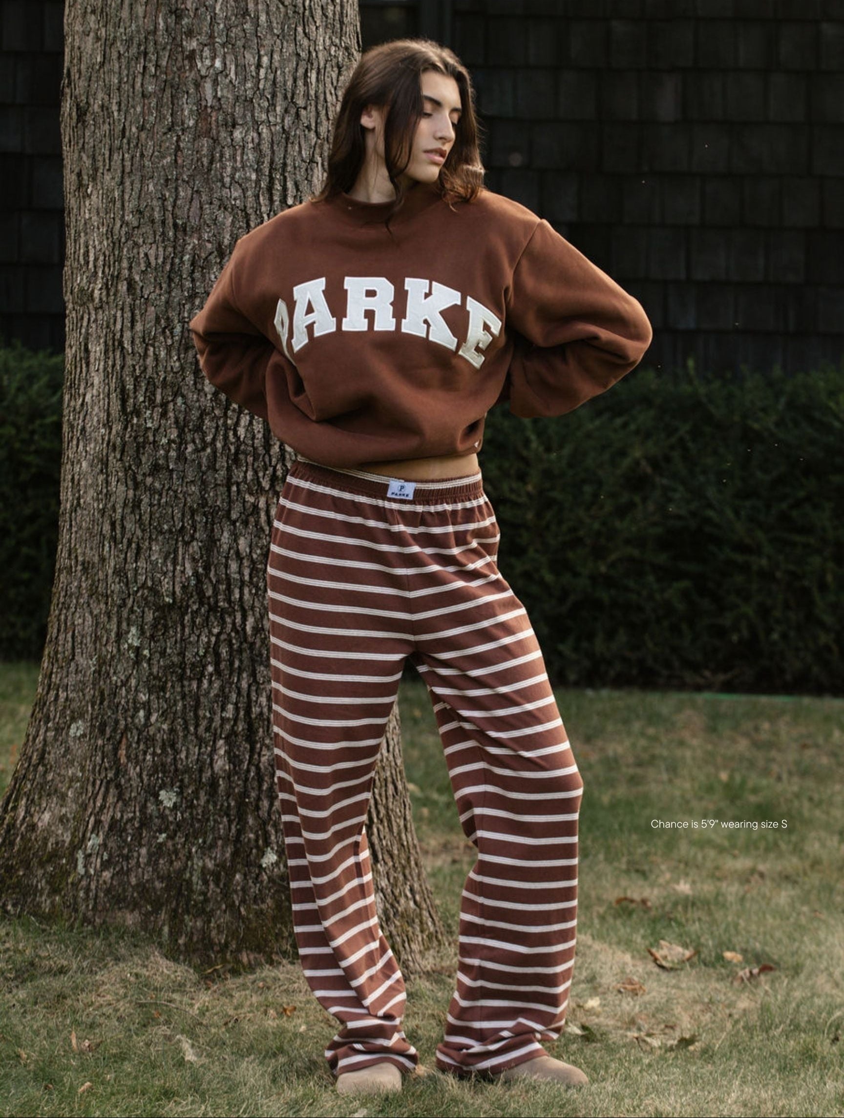 girl wearing cotton boxer pants -mocha stripe