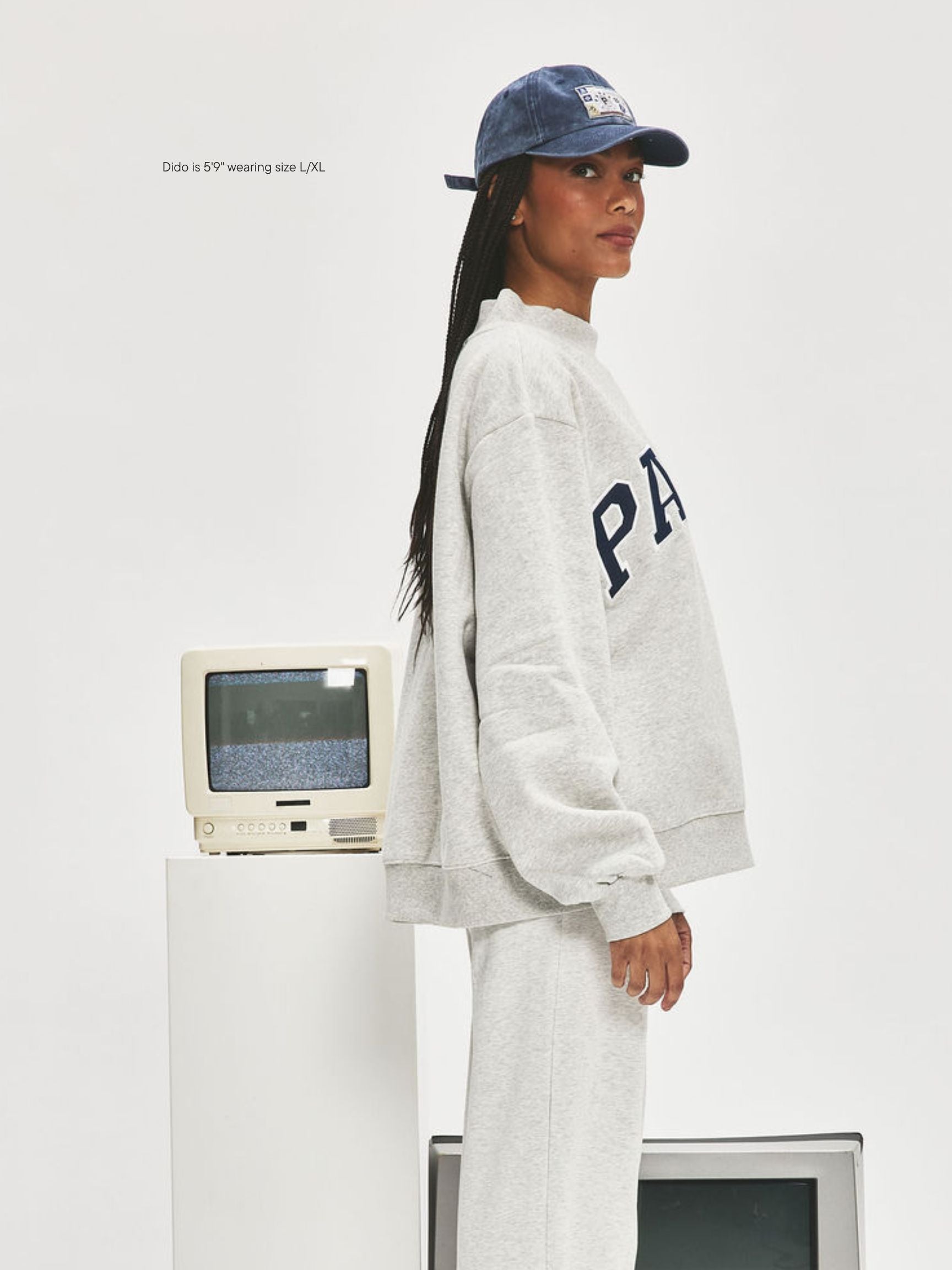 girl wearing Varsity Mockneck -classic grey + denim