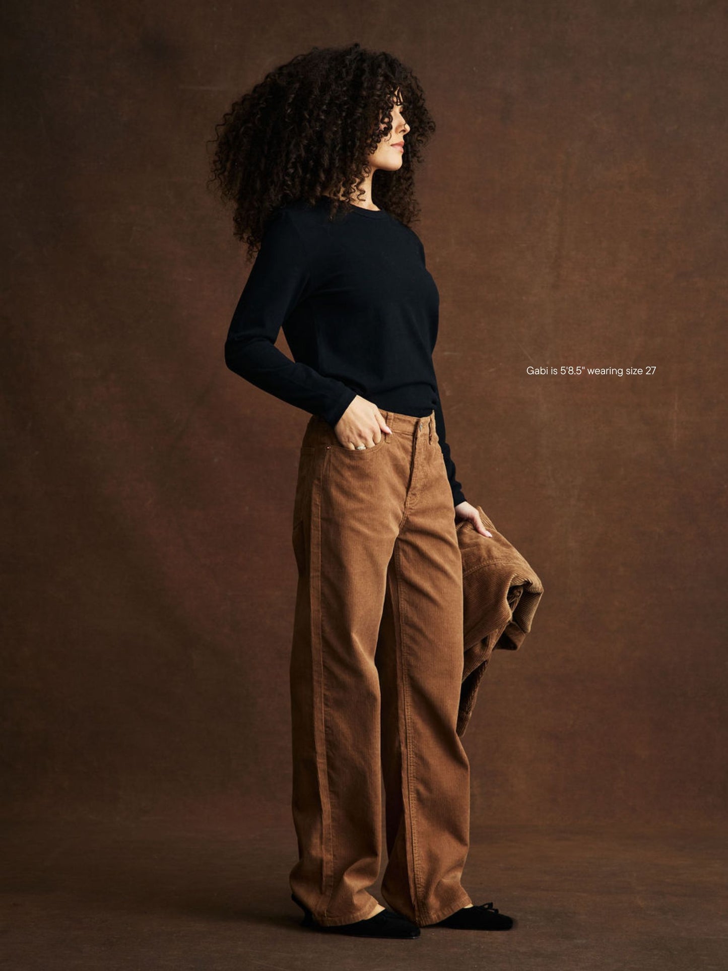 girl wearing Classic Straight Pants -caramel corduroy