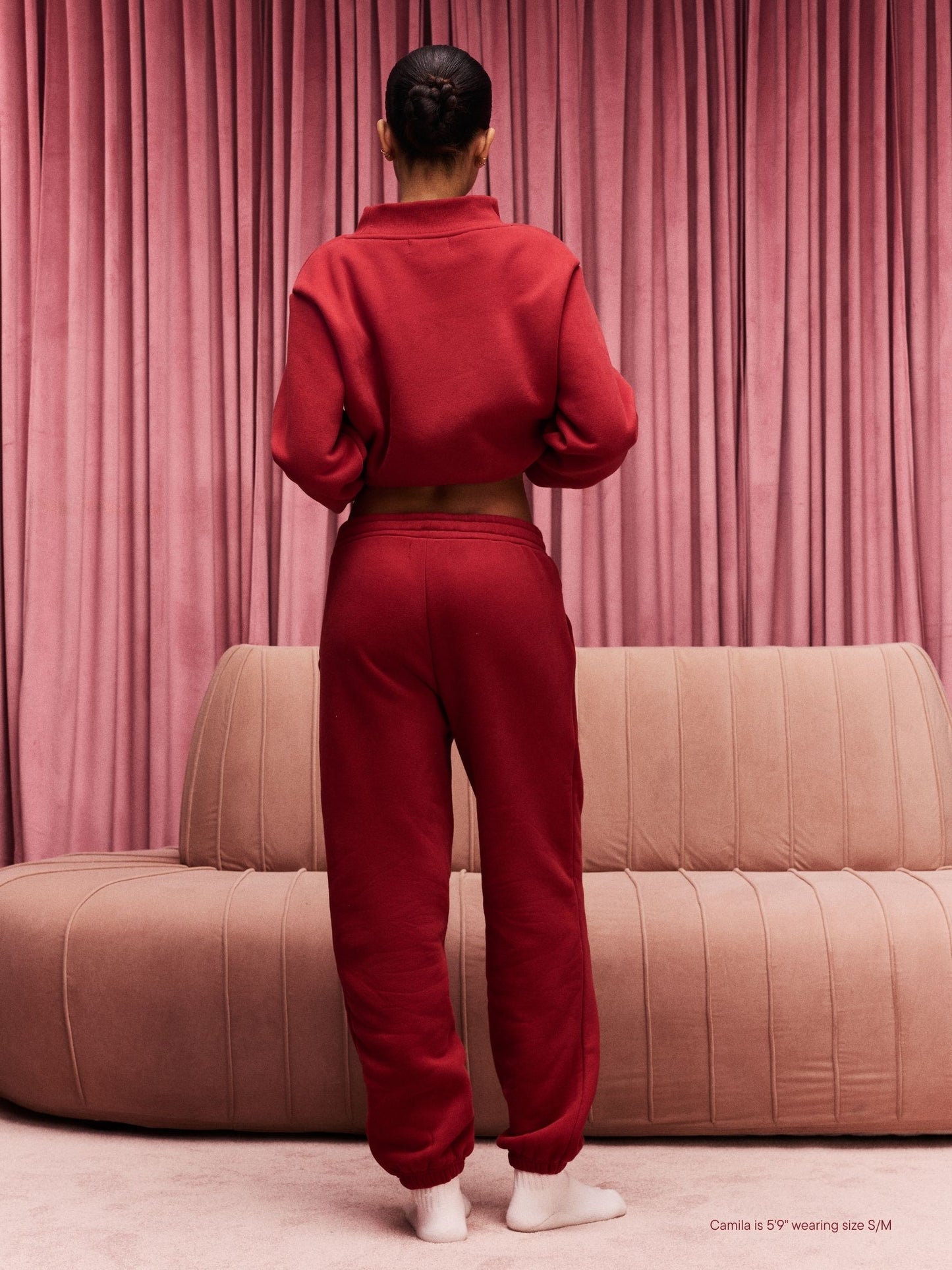 girl wearing Drawstring Unisex Sweatpants -crimson