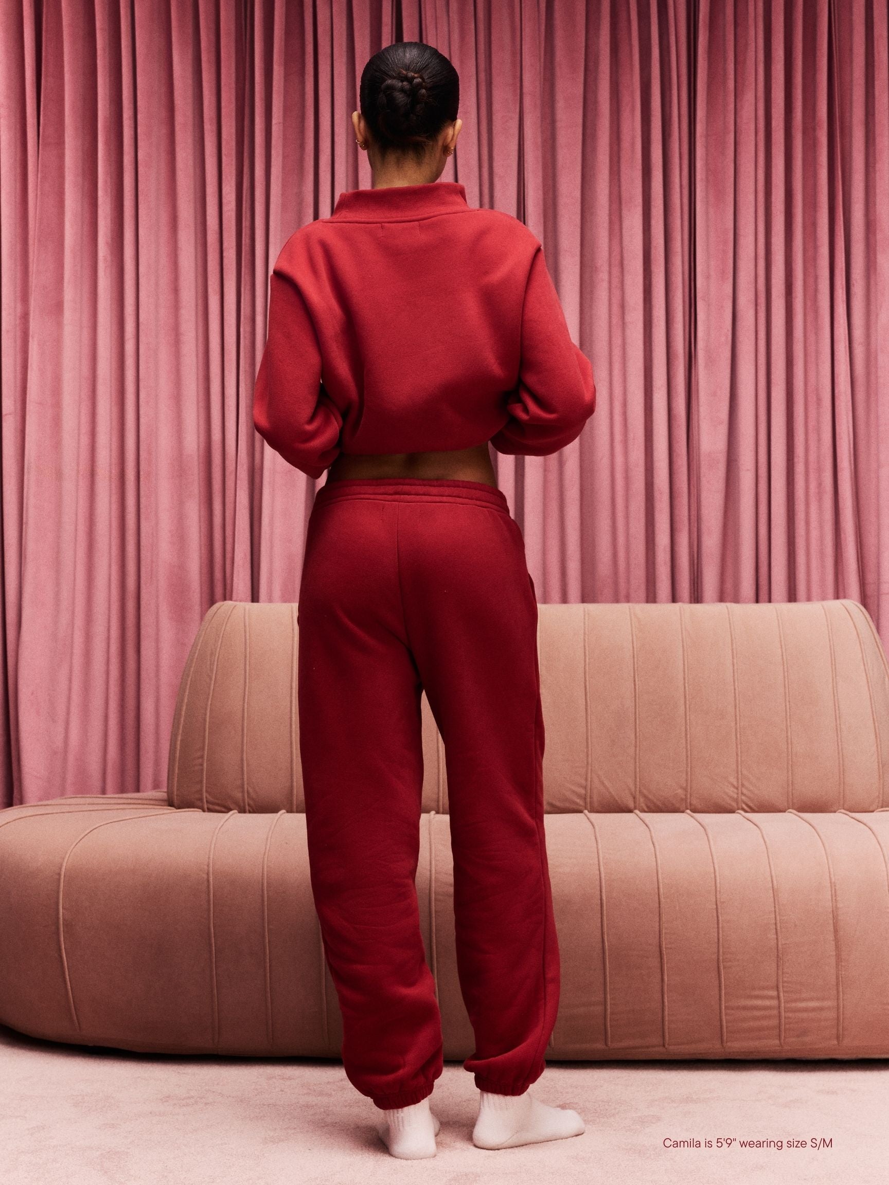 girl wearing Drawstring Unisex Sweatpants -crimson