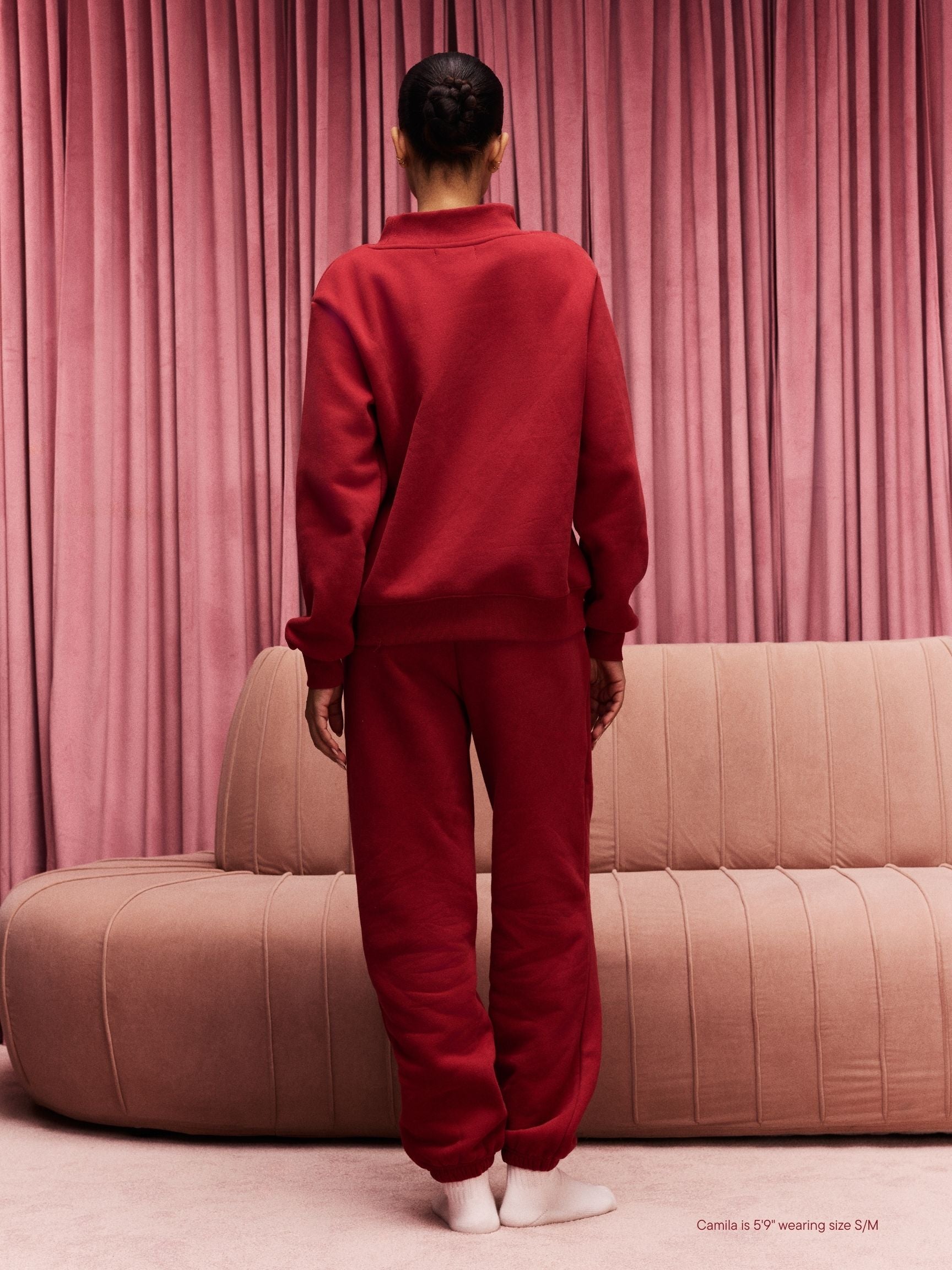 girl wearing Valentine's Varsity Mockneck -crimson + peony