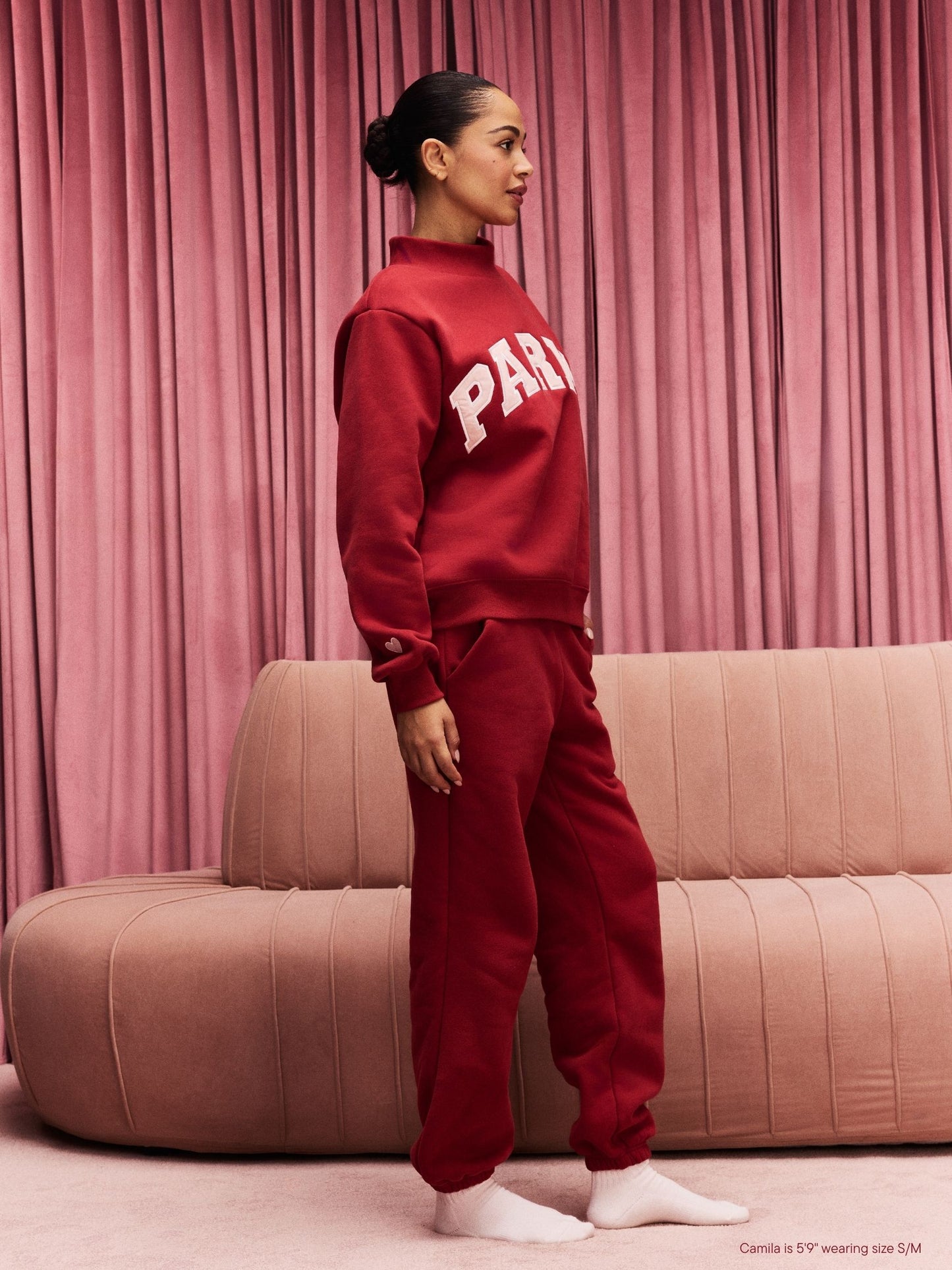 girl wearing Valentine's Varsity Mockneck -crimson + peony