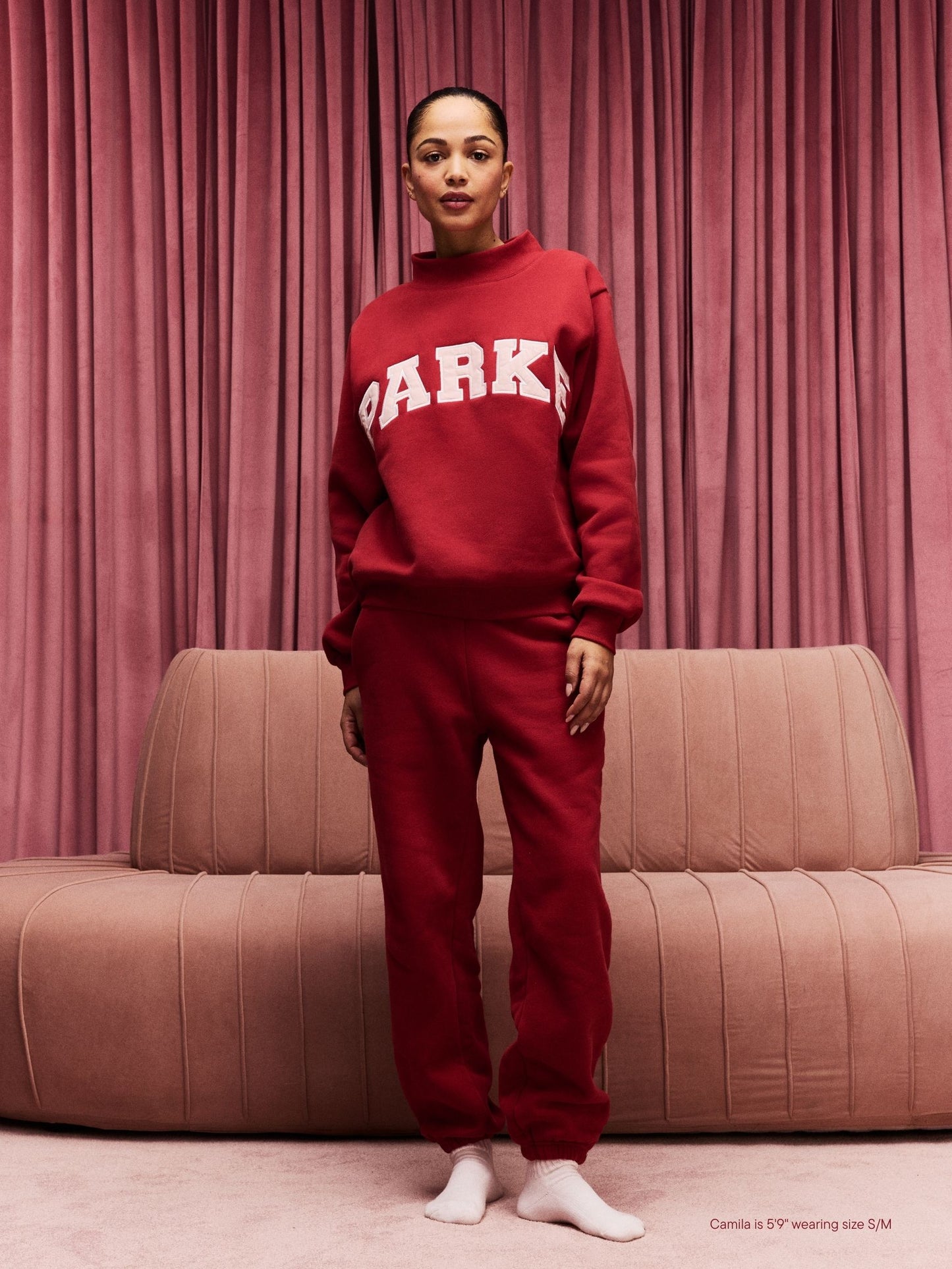 girl wearing Valentine's Varsity Mockneck -crimson + peony