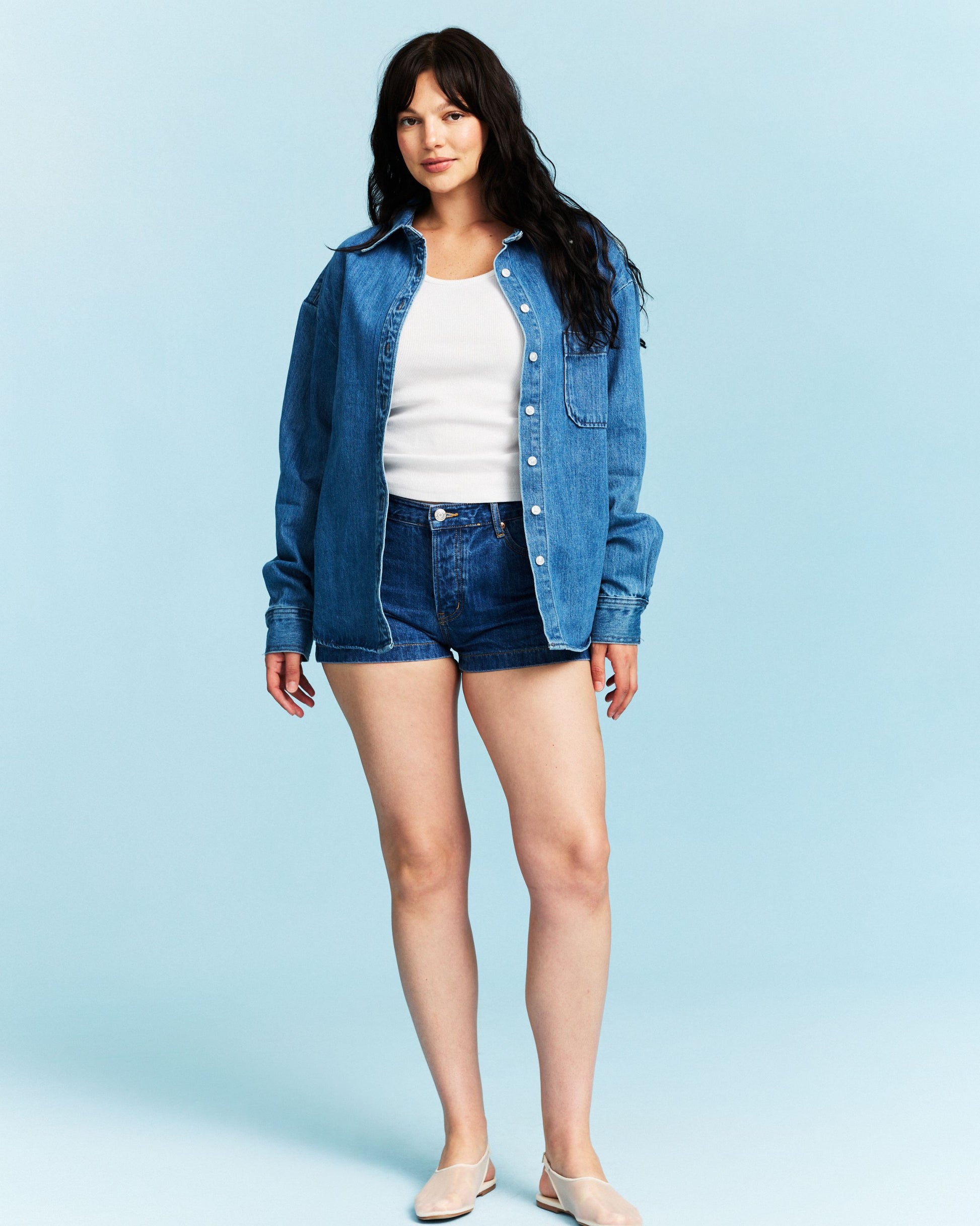 Long Sleeve Denim Shirt - Medium Wash