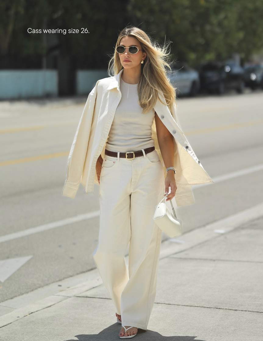 girl wearing aureum x parke wide leg jean -cream