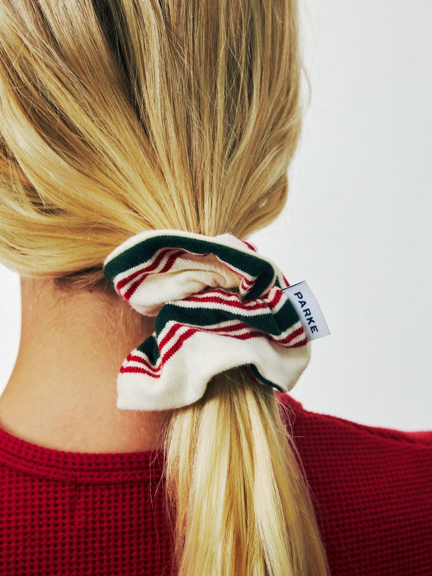 girl wearing Holiday Hair Set -eggnog stripe