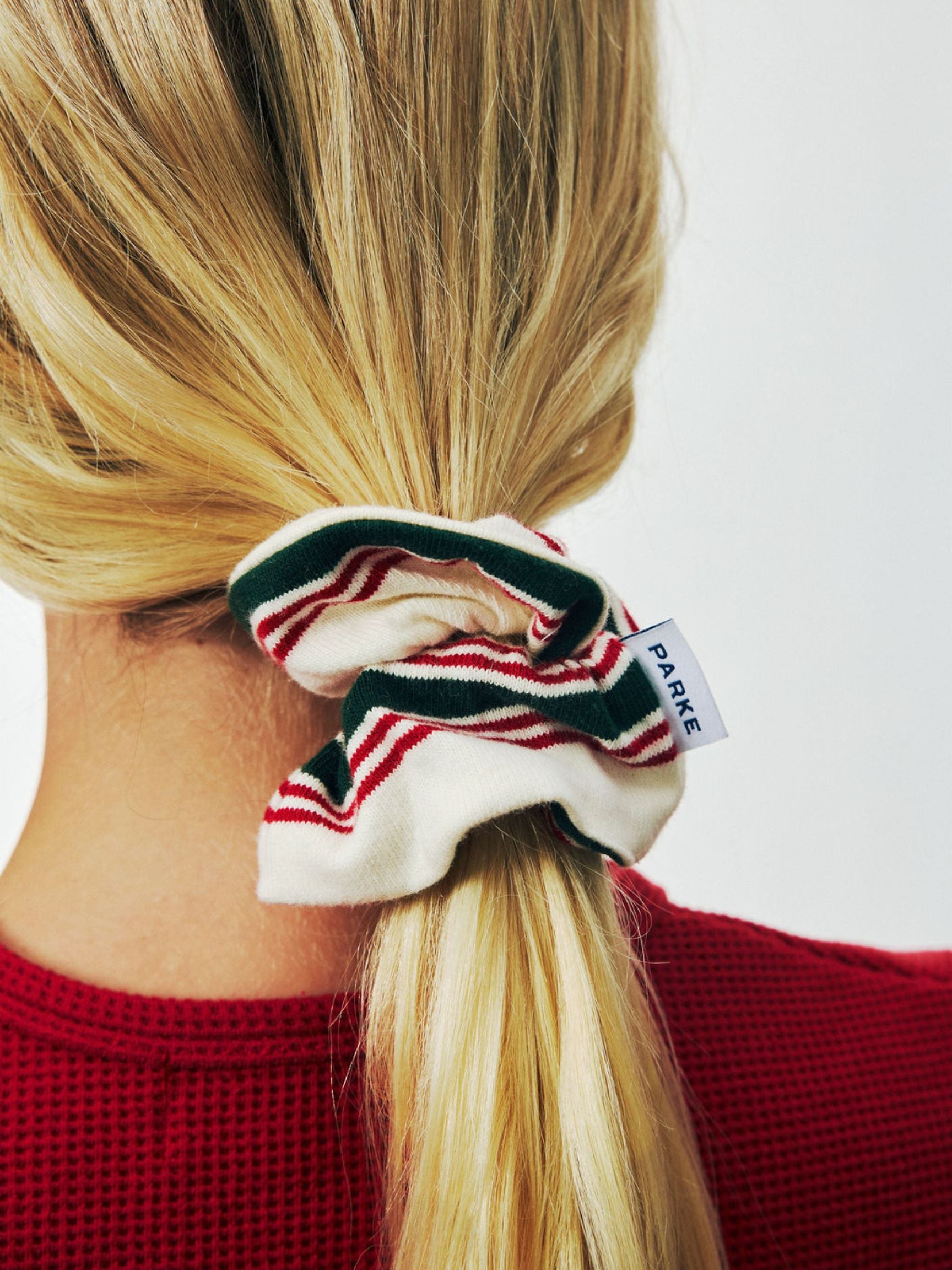 girl wearing Holiday Hair Set -eggnog stripe