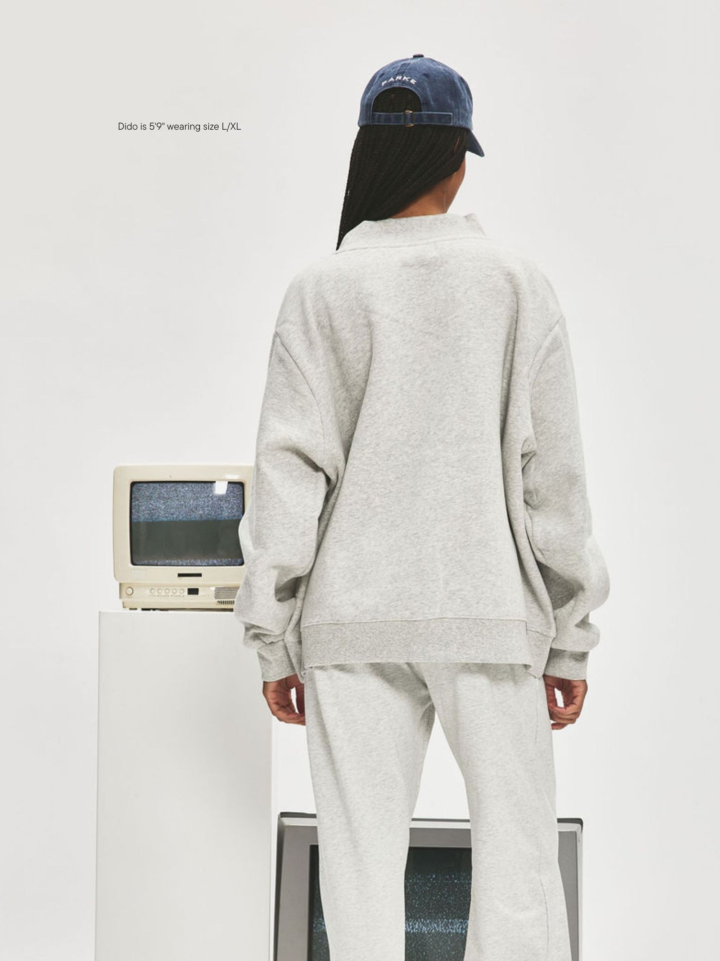 girl wearing Varsity Mockneck -classic grey + denim