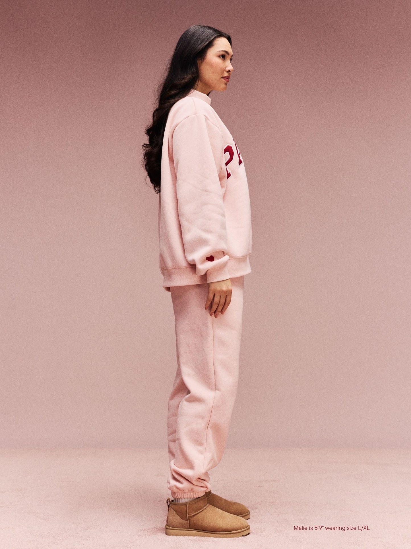 girl wearing Valentine's Varsity Mockneck -peony + crimson