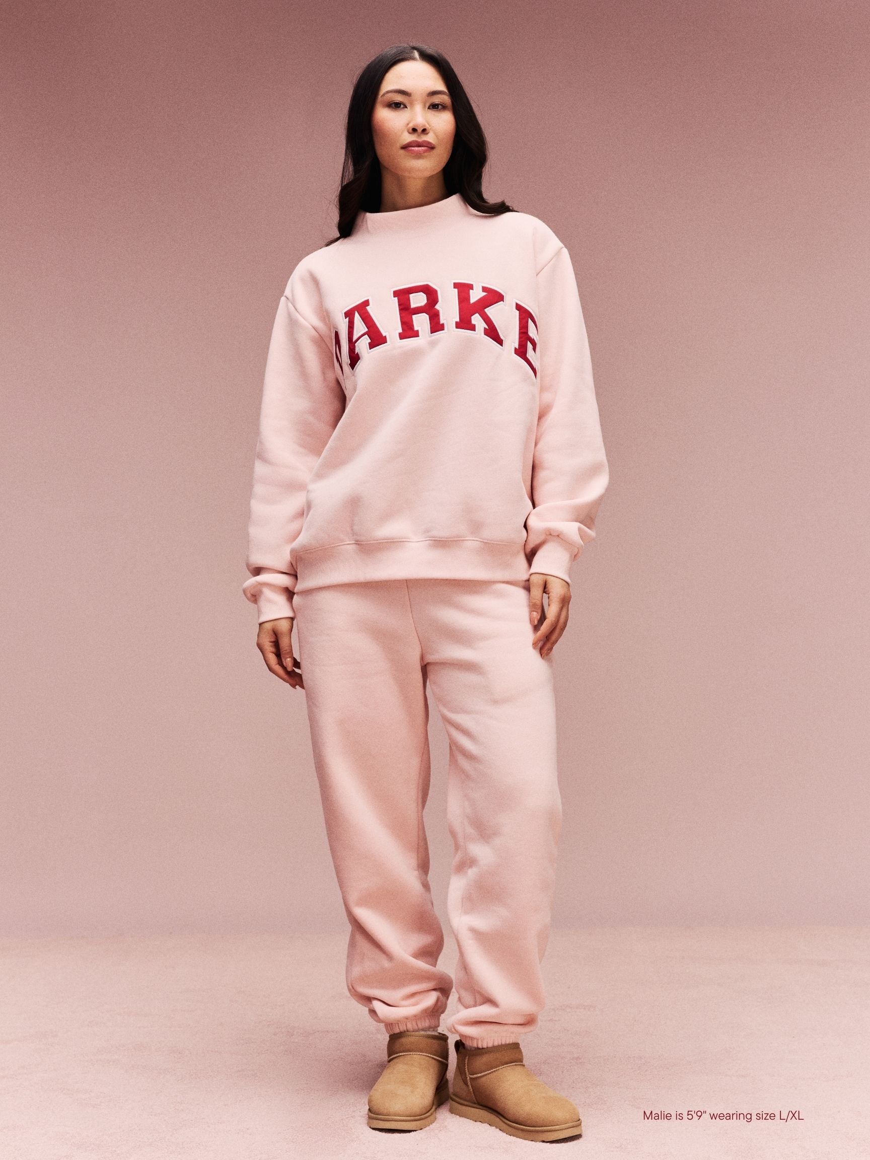 girl wearing Valentine's Varsity Mockneck -peony + crimson