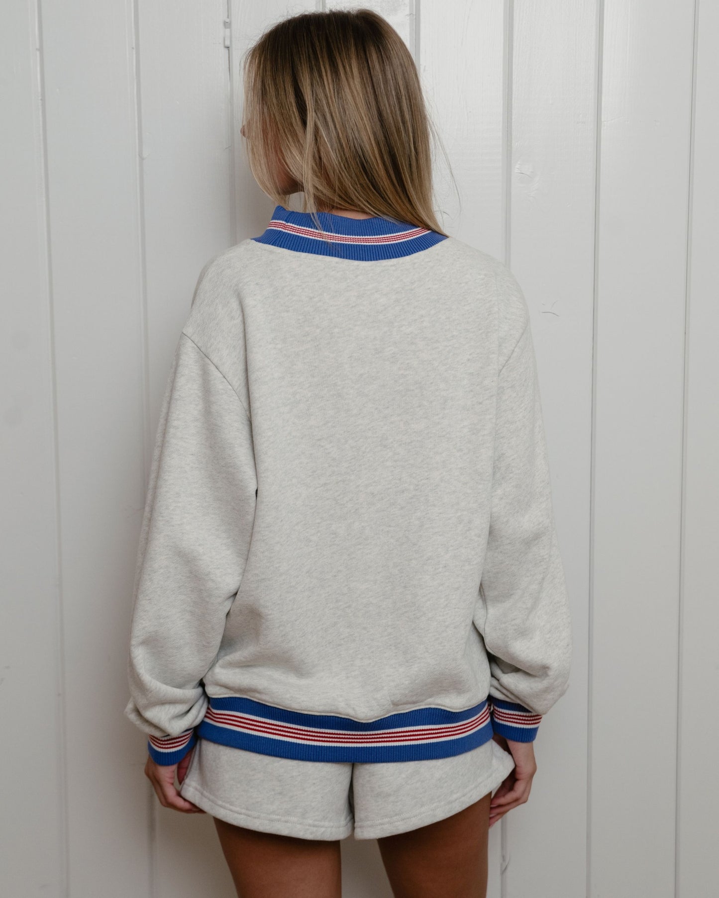 Boardwalk Varsity Mockneck - Heather Grey + Red/White/Blue Ribbing