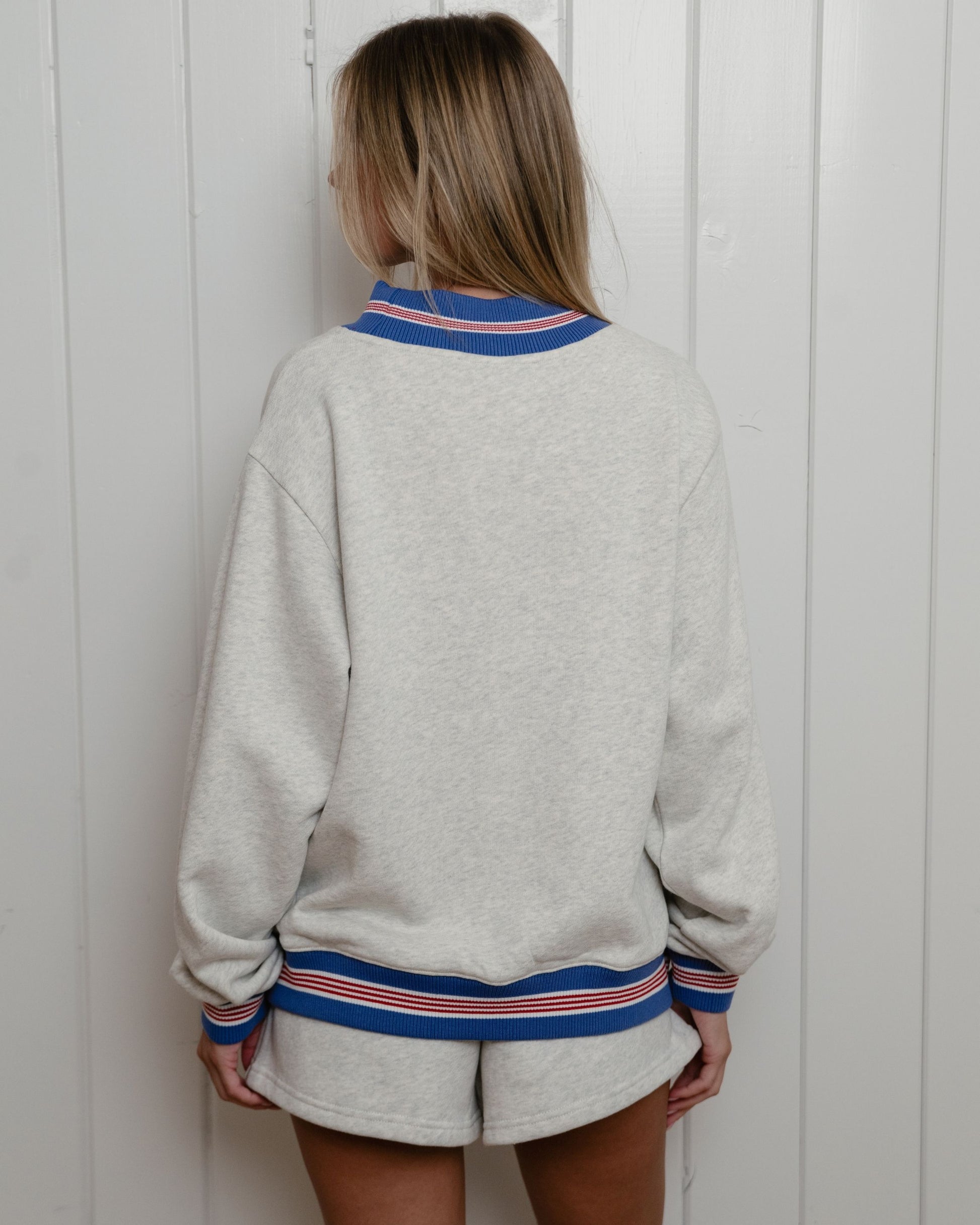 Boardwalk Varsity Mockneck - Heather Grey + Red/White/Blue Ribbing