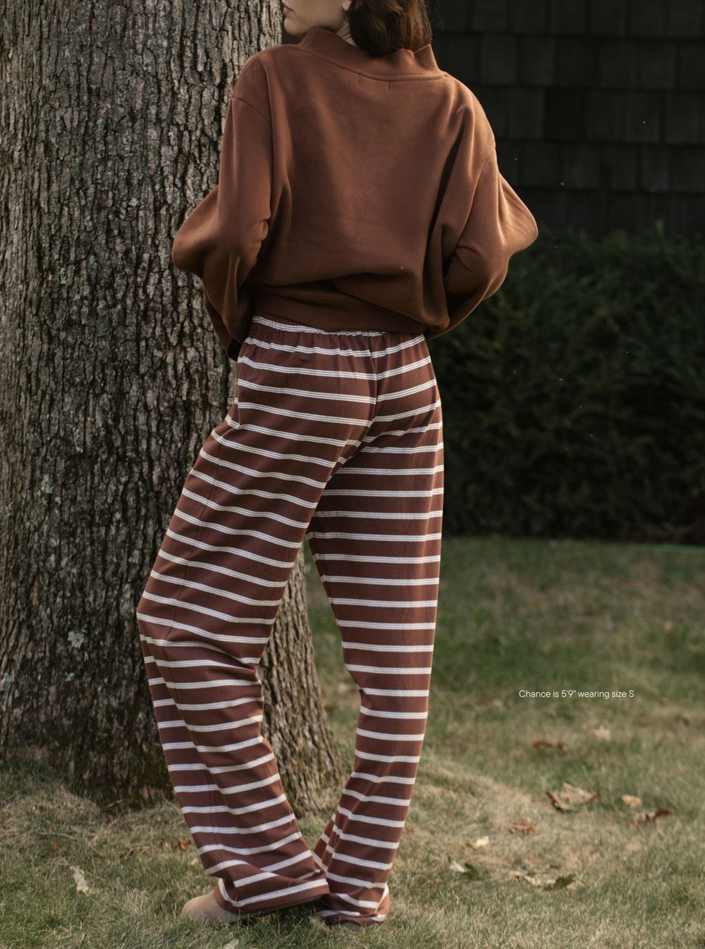 girl wearing cotton boxer pants -mocha stripe